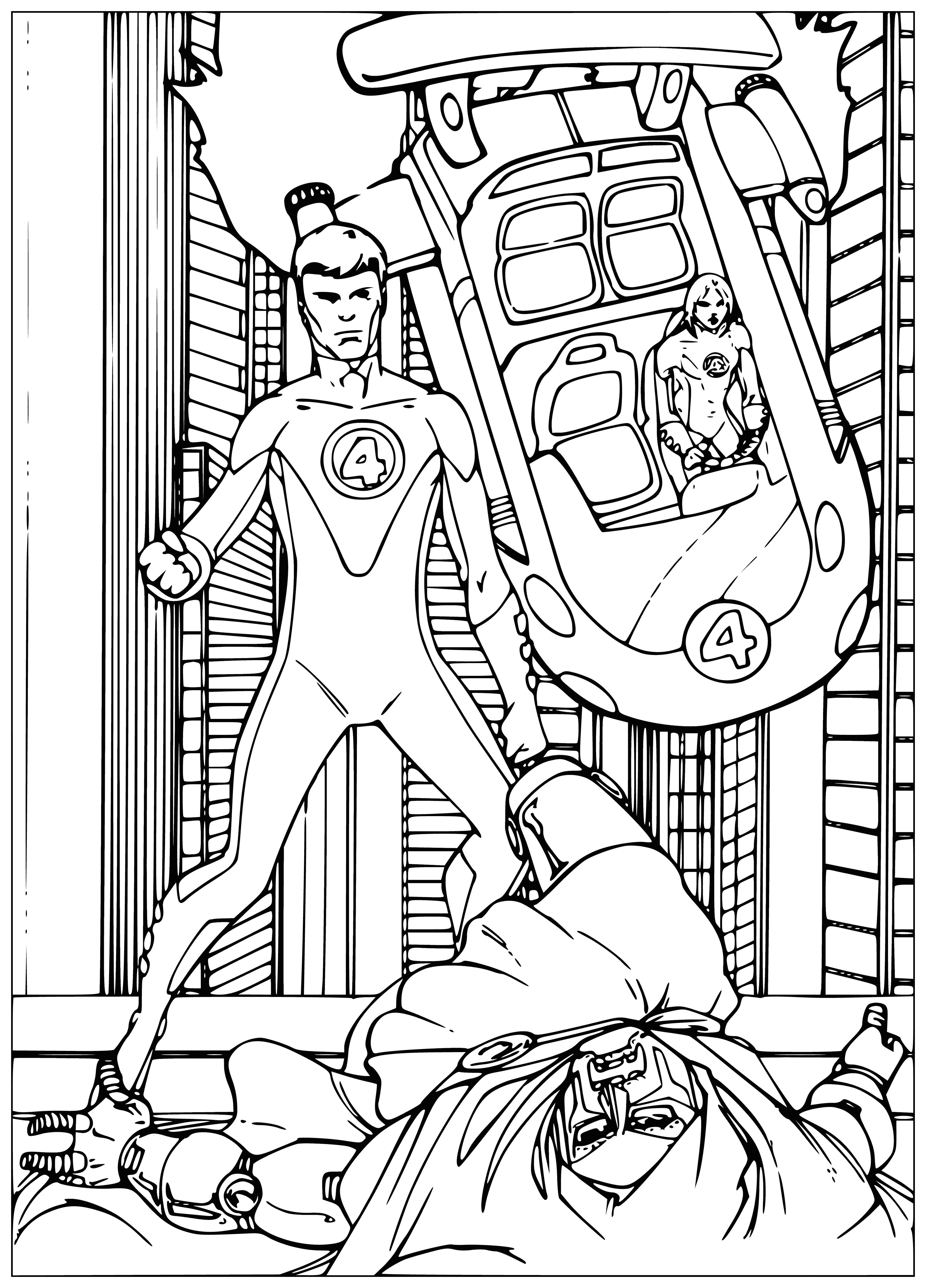 coloring page: The Fantastic Four are superheroes, led by Mr. Fantastic. They've appeared in many comics, movies & TV shows as "the first family of superheroes".