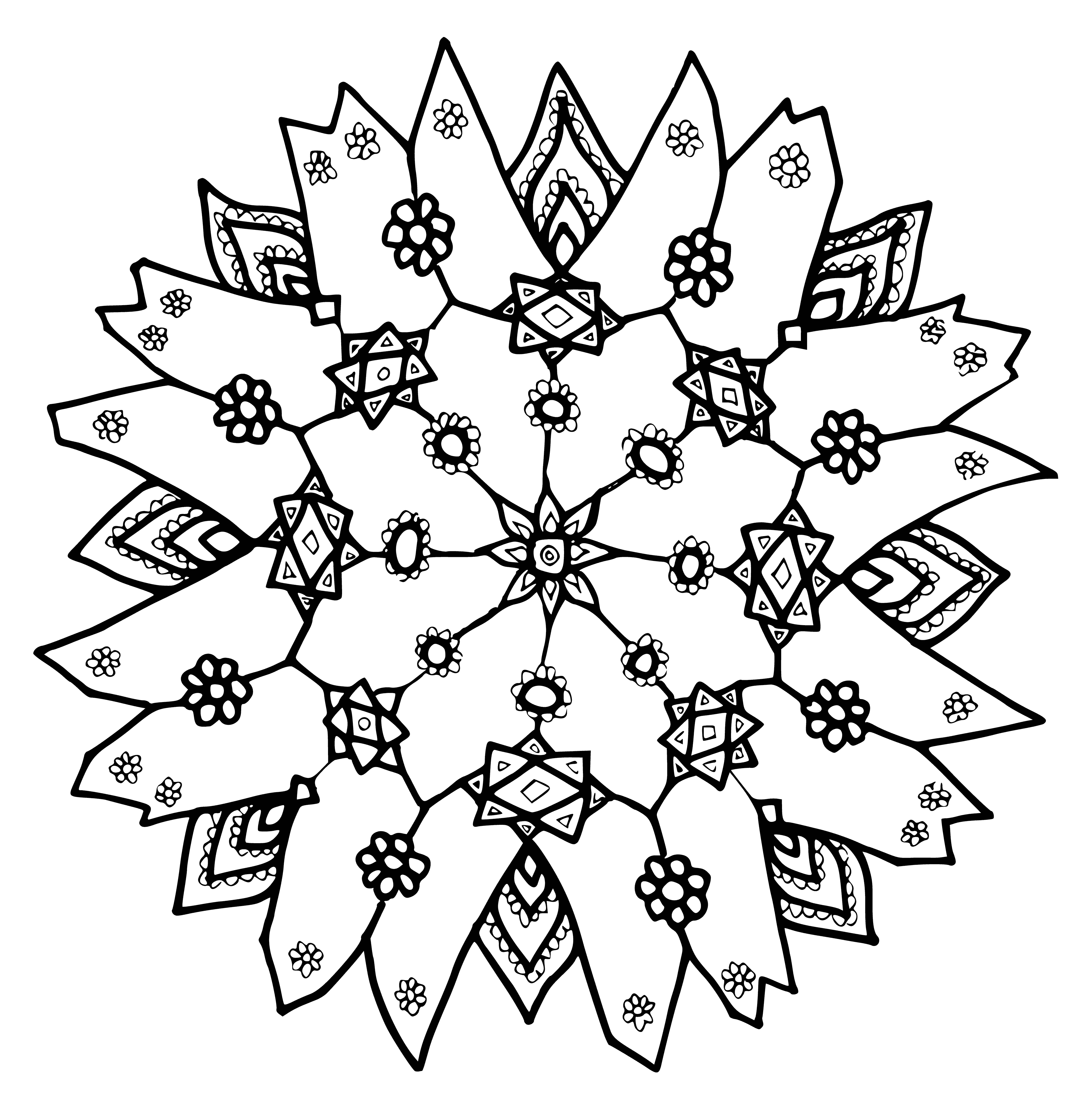 A coloring page of a white, symmetrical snowflake with six sides, intricate and beautiful.