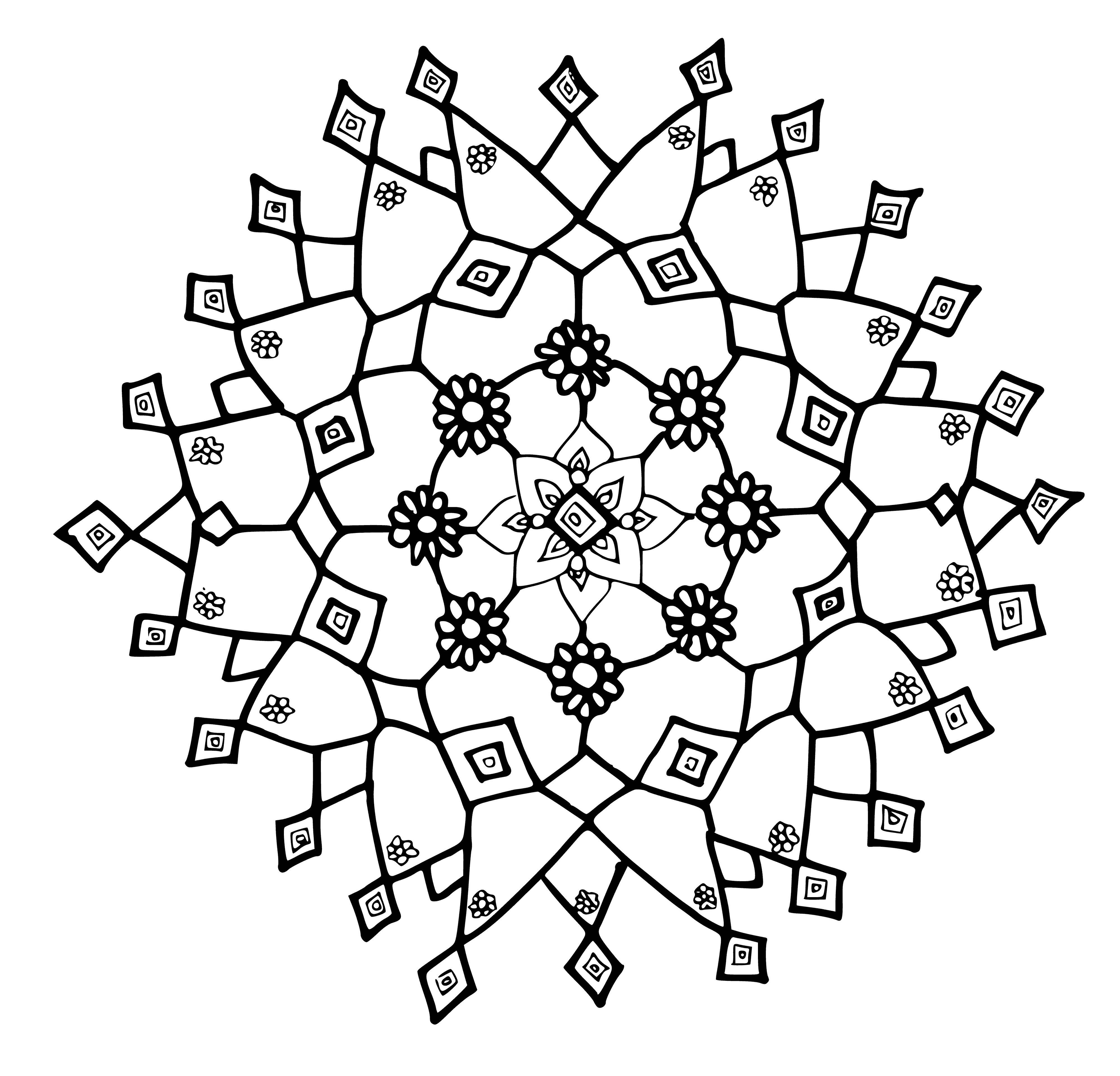 coloring page: Gorgeous large snowflake on light blue background with snowflakes falling around it.
