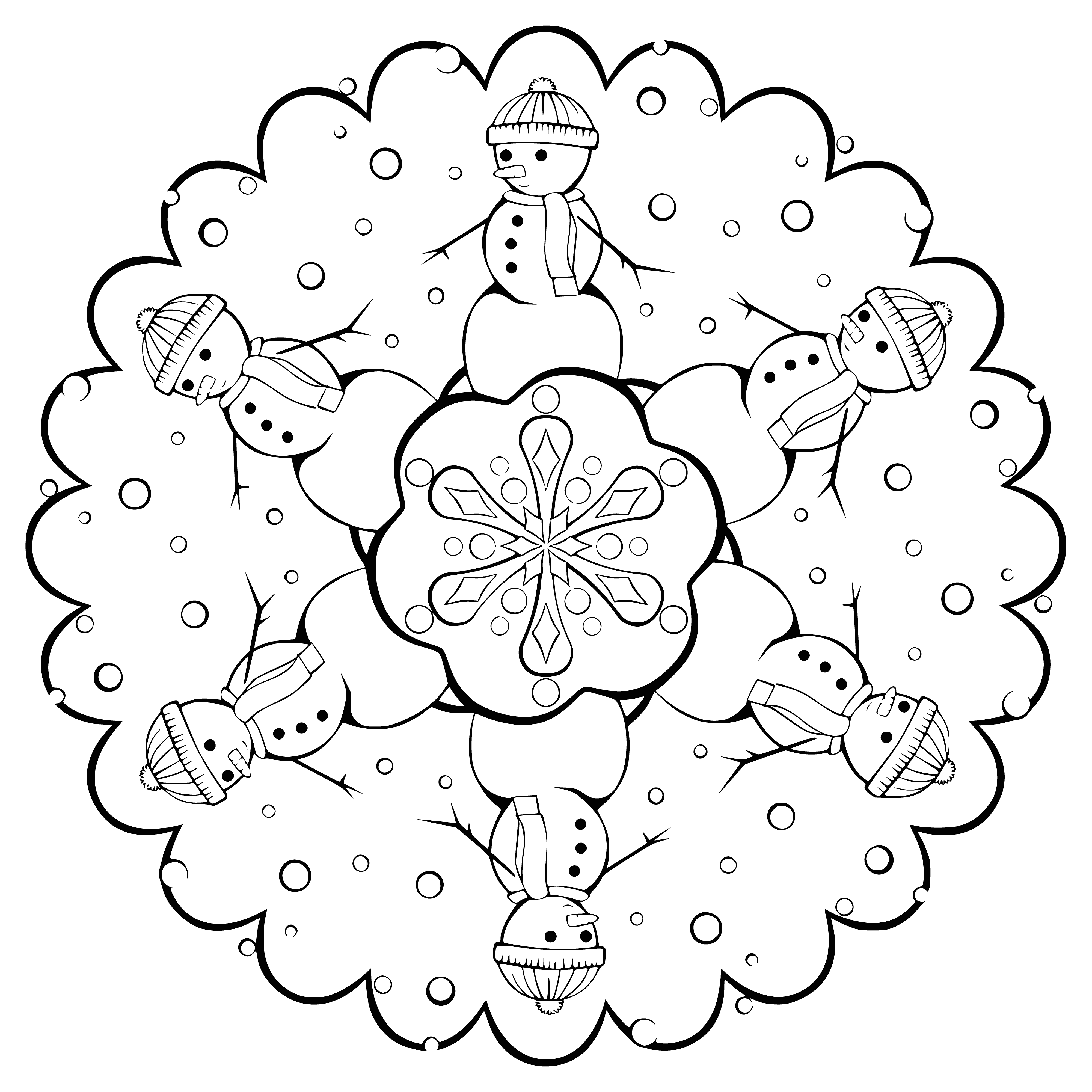 coloring page: Snow is falling, creating three snowmen wearing hats & scarves. Their sticks arms sway in the winter breeze.