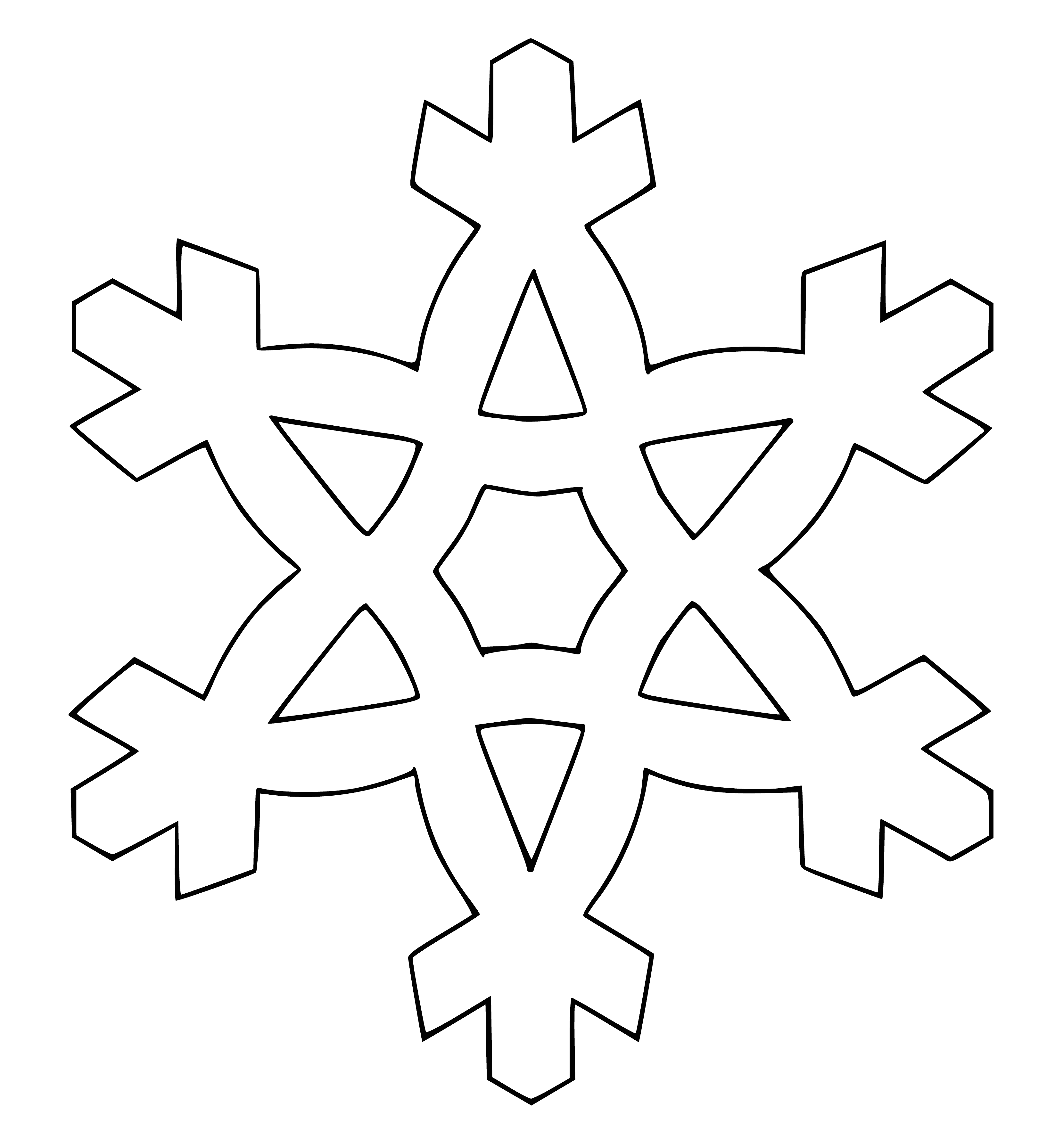 coloring page: 3 snowflakes in coloring page: white, 6 sides, falling from top.