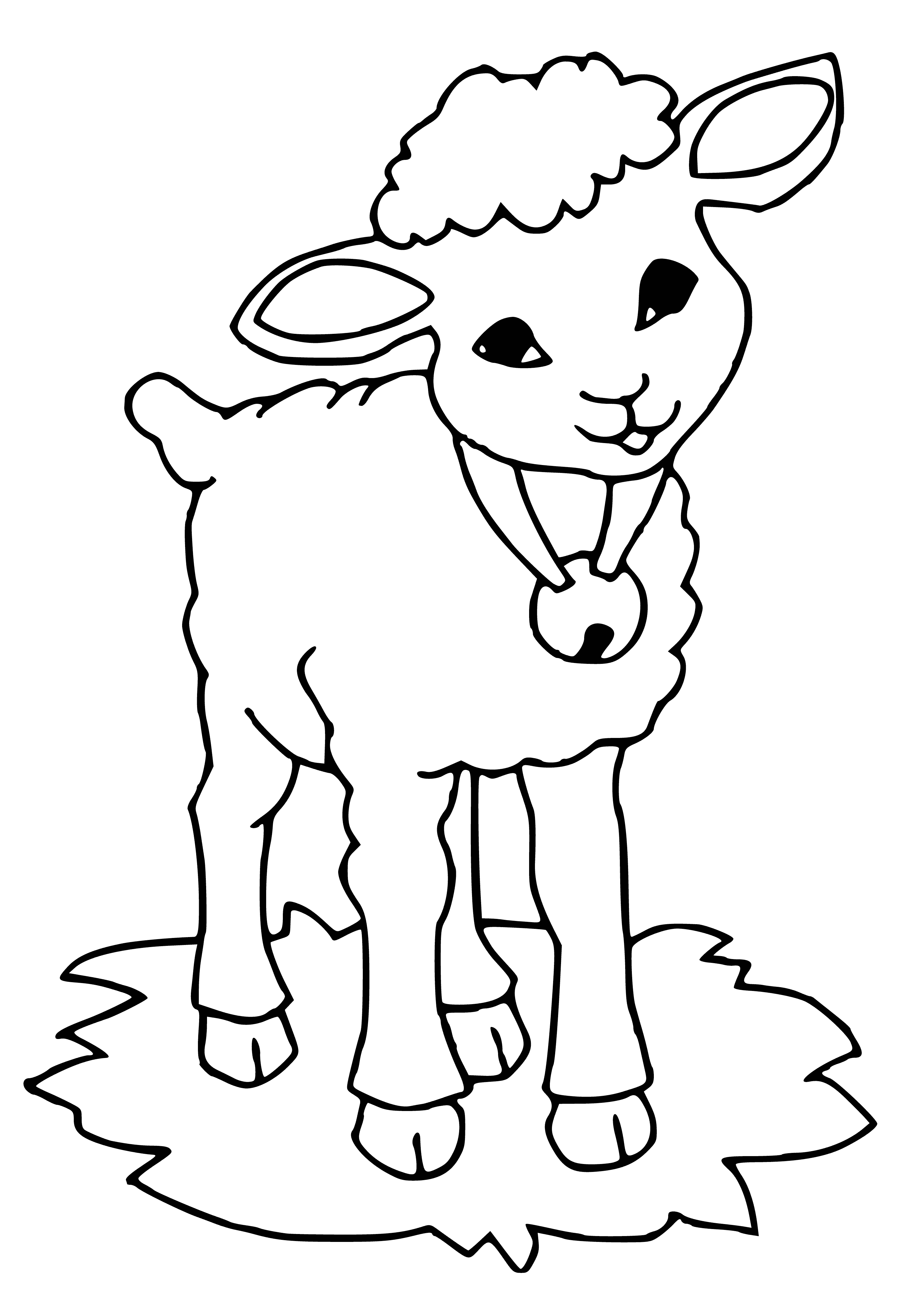 coloring page: Sheep with bell stands in grassy field, bell ringing.