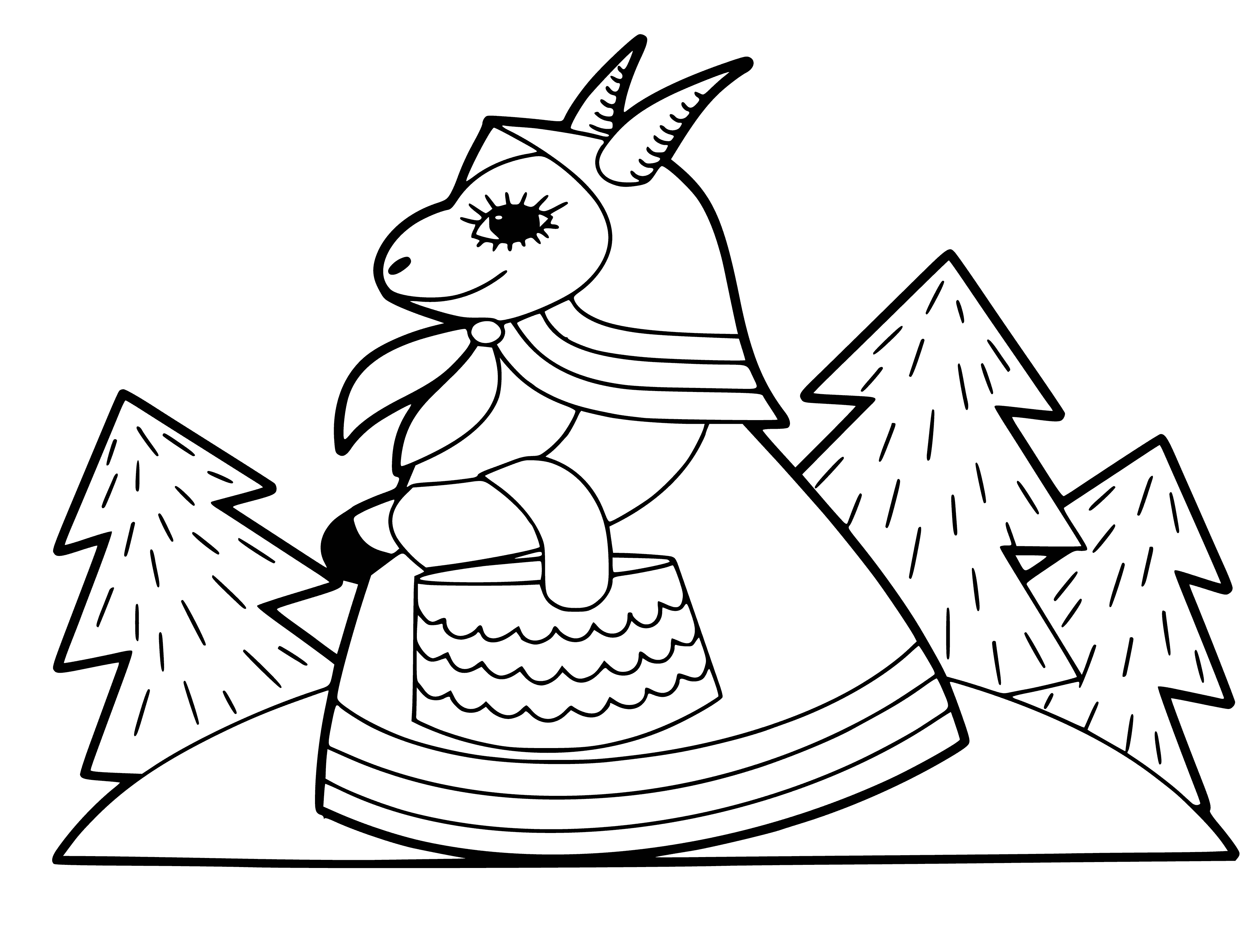 coloring page: A white goat with black spots grazes on a hill with a lofty head, thick soft fur, and a long tail.