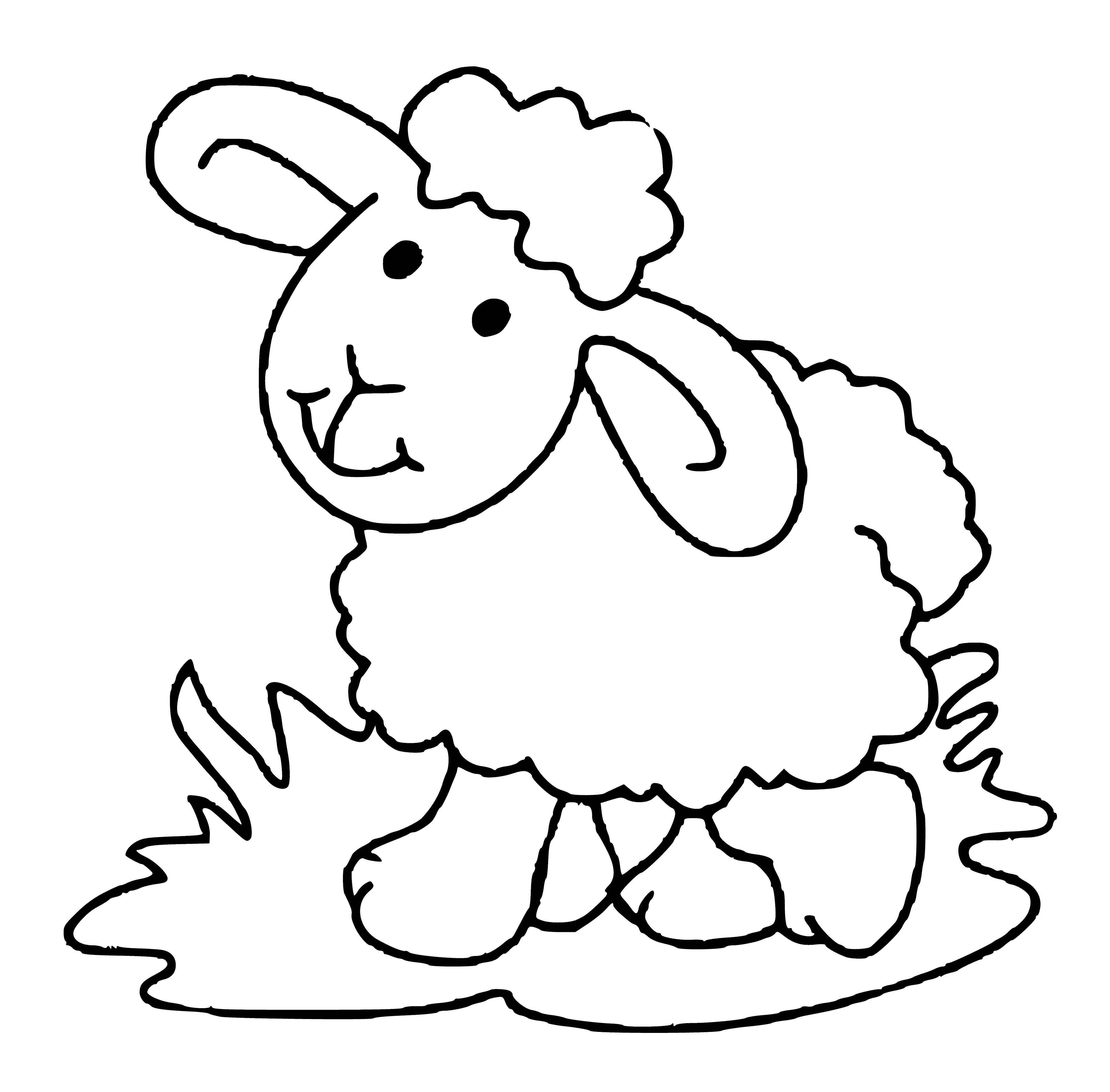 coloring page: Cute lamb stands in a green pasture surrounded by trees, mountains. It's white with black spots, nose, hooves. #coloringpage