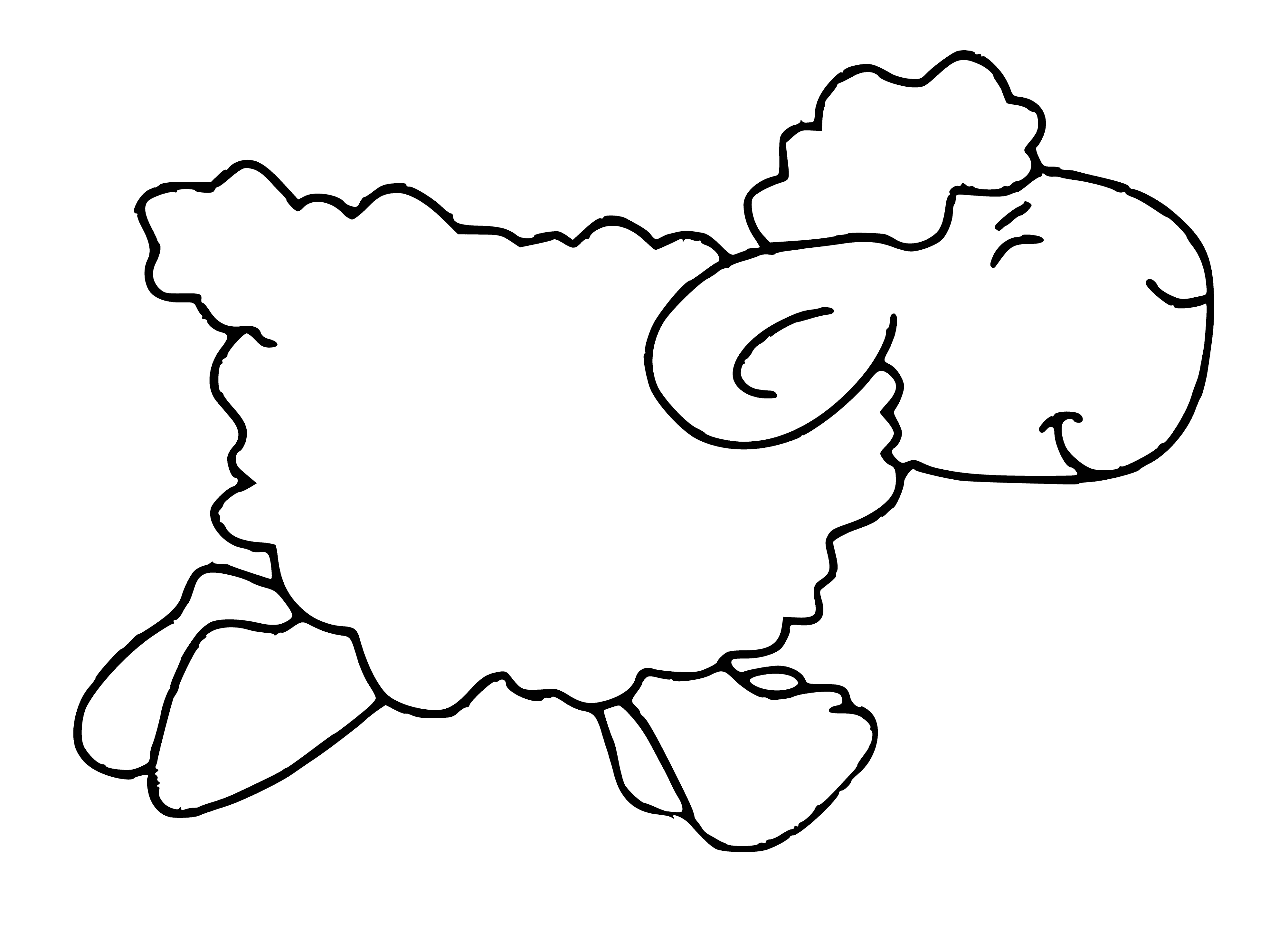 coloring page: A lamb stands on a hill, white with black spots, nose & hooves.
