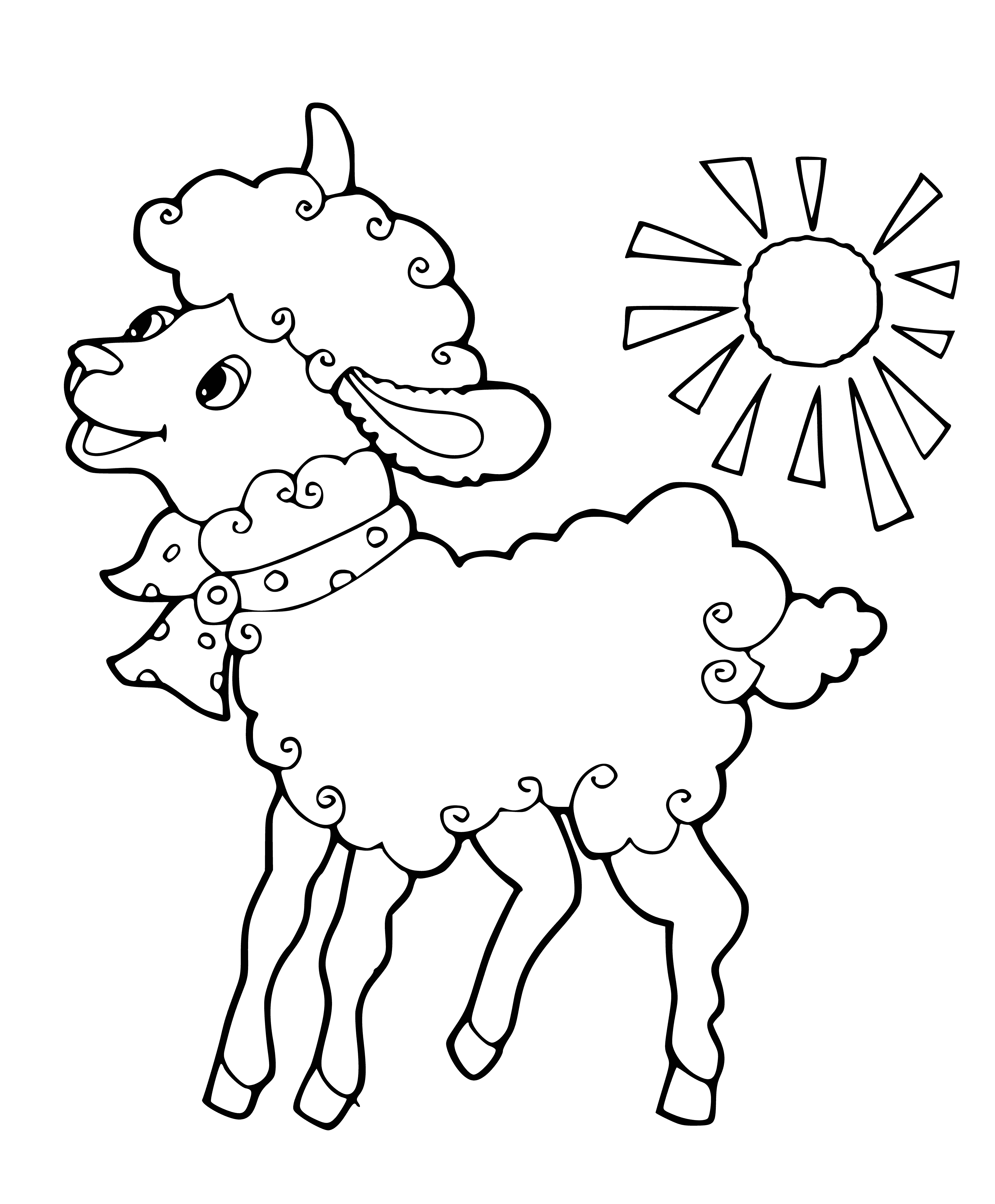 coloring page: Sheep with bow has white body and black head, with a brown and yellow bow.
