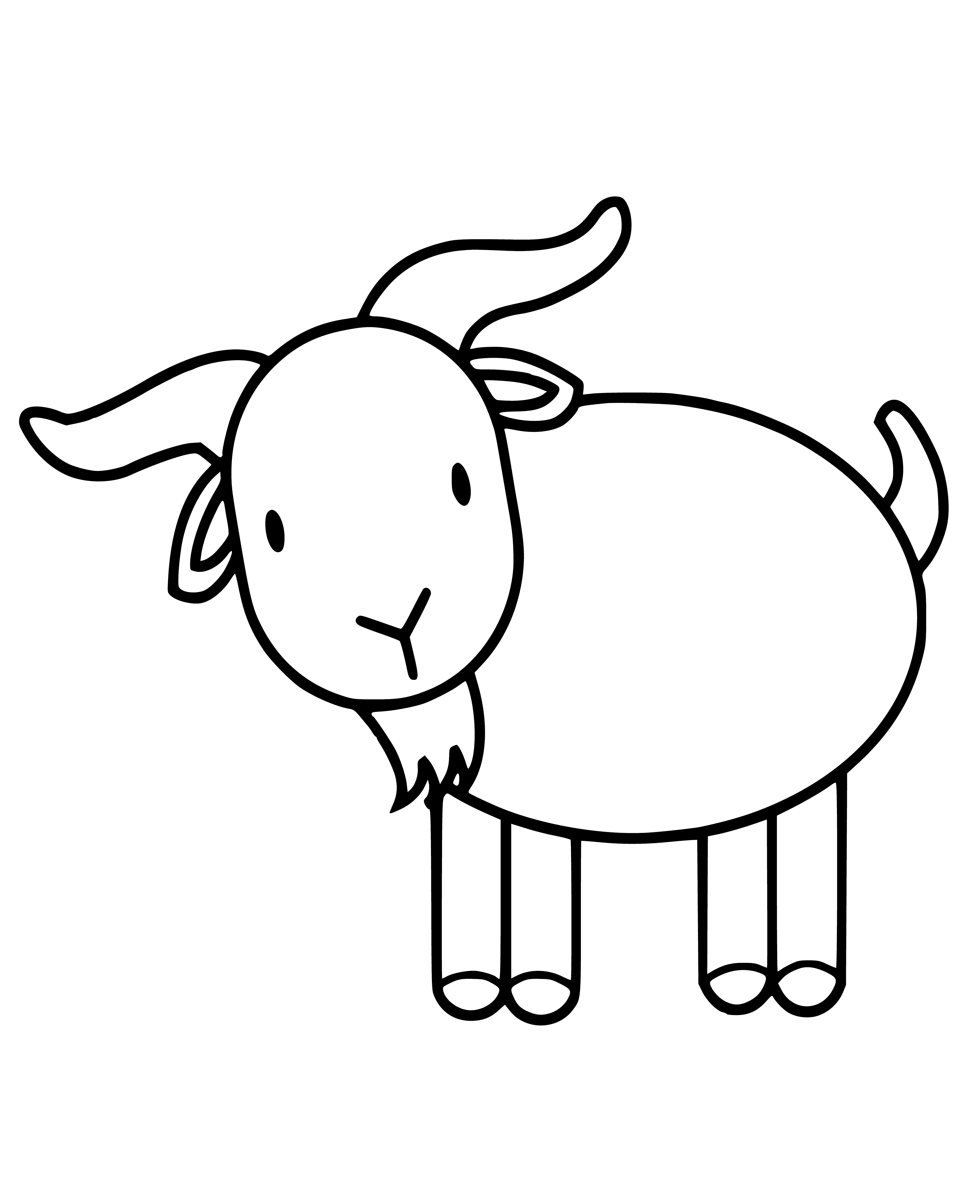 coloring page: Goat is eating while standing on four legs, covered in fur with two horns, two eyes and a nose.