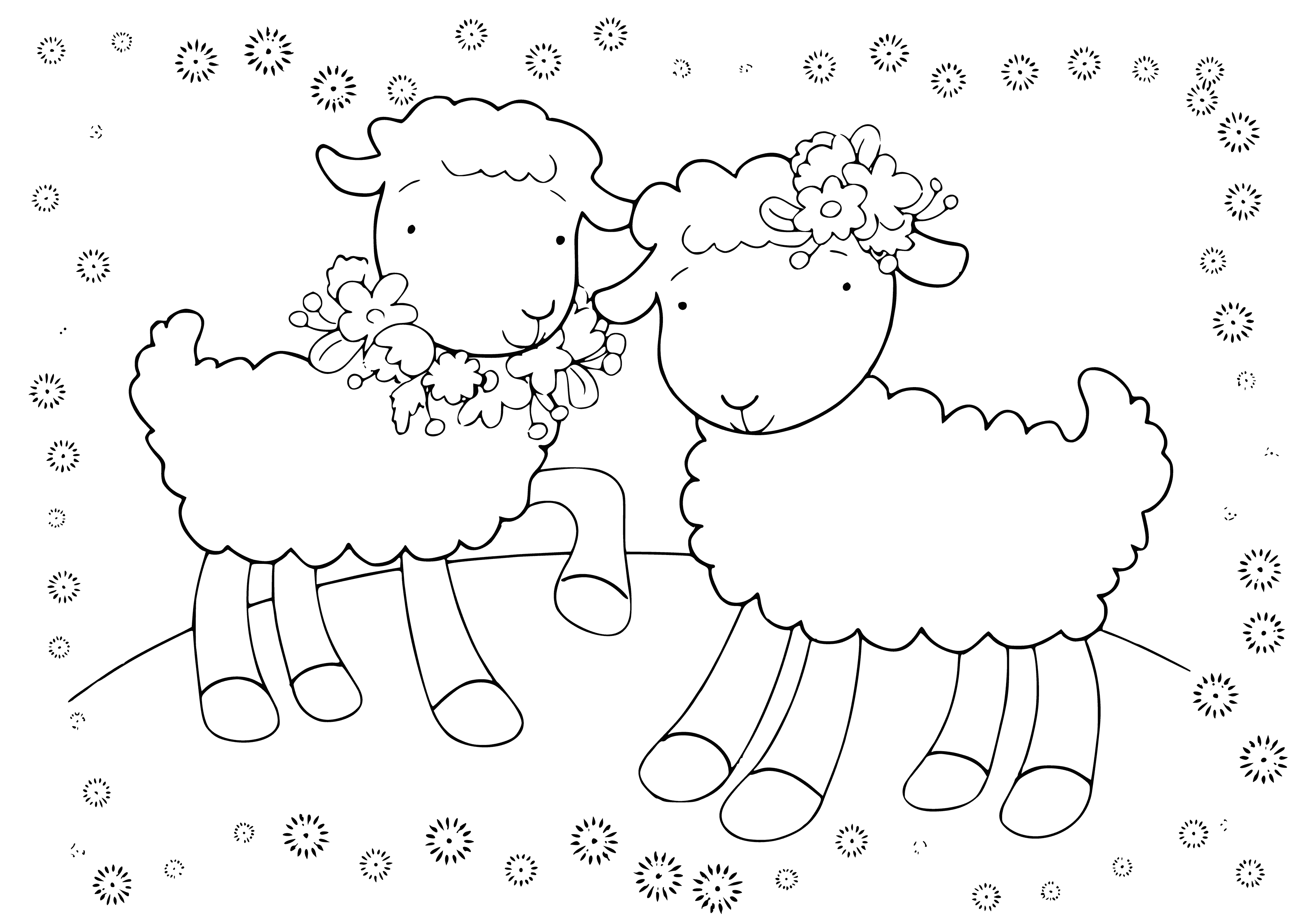 coloring page: Two sheep and one goat in coloring page; sheep standing next to each other, goat in front looking directly at viewer.