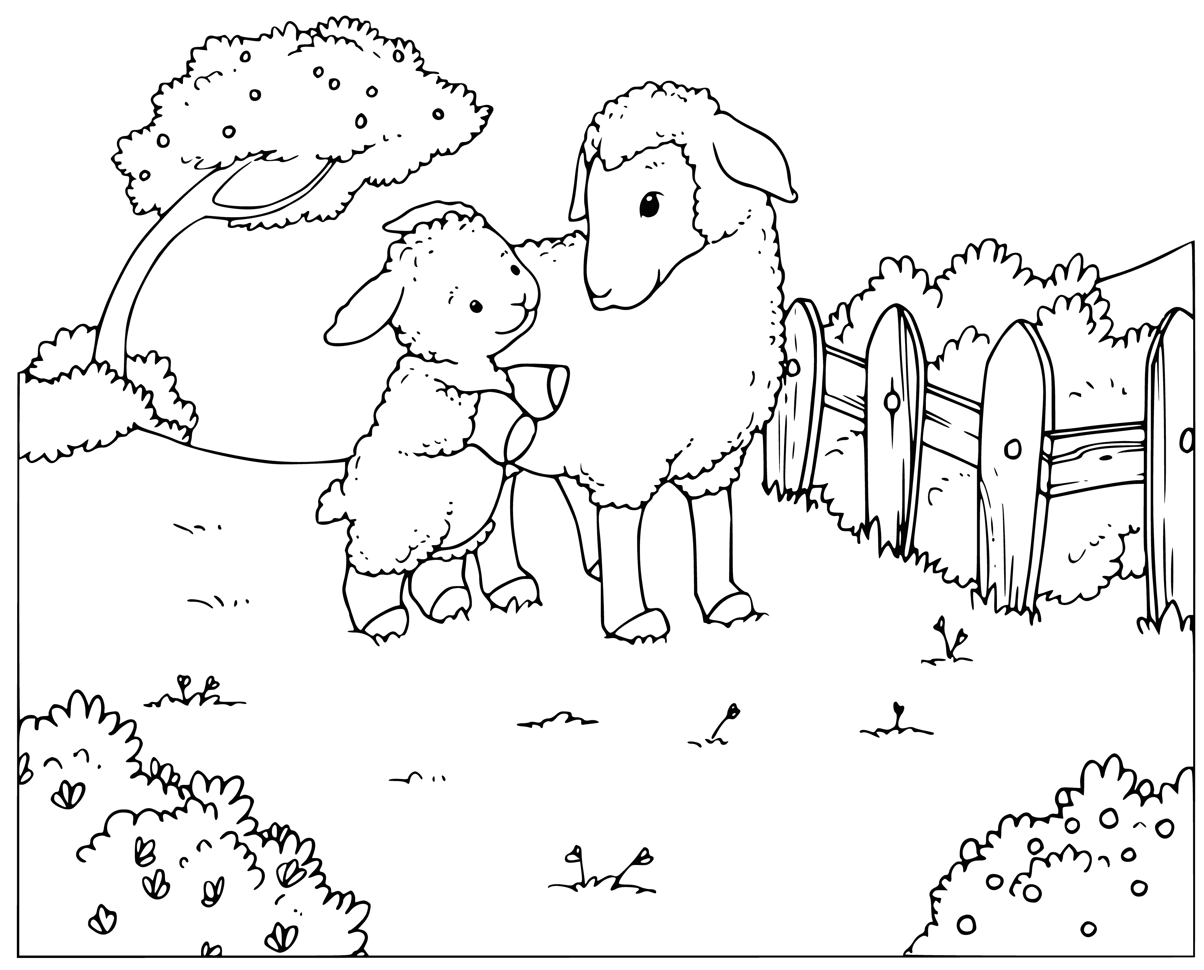coloring page: Sheep & goats of all colors eating oats & barley from ground & troughs, with trees & mountains in the background.