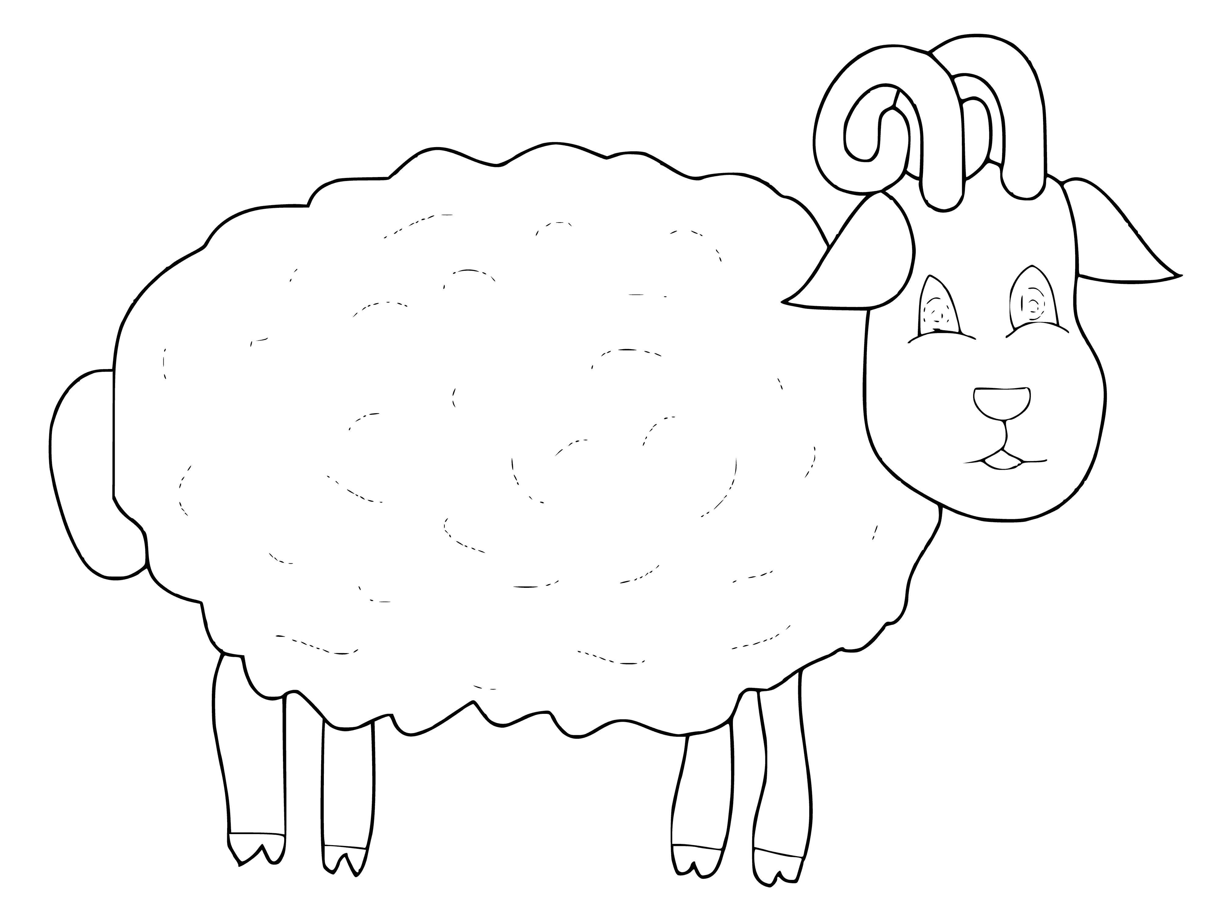 coloring page: A white lamb w/ black nose, floppy ears, and curly tail eating grass in the center of the coloring page.