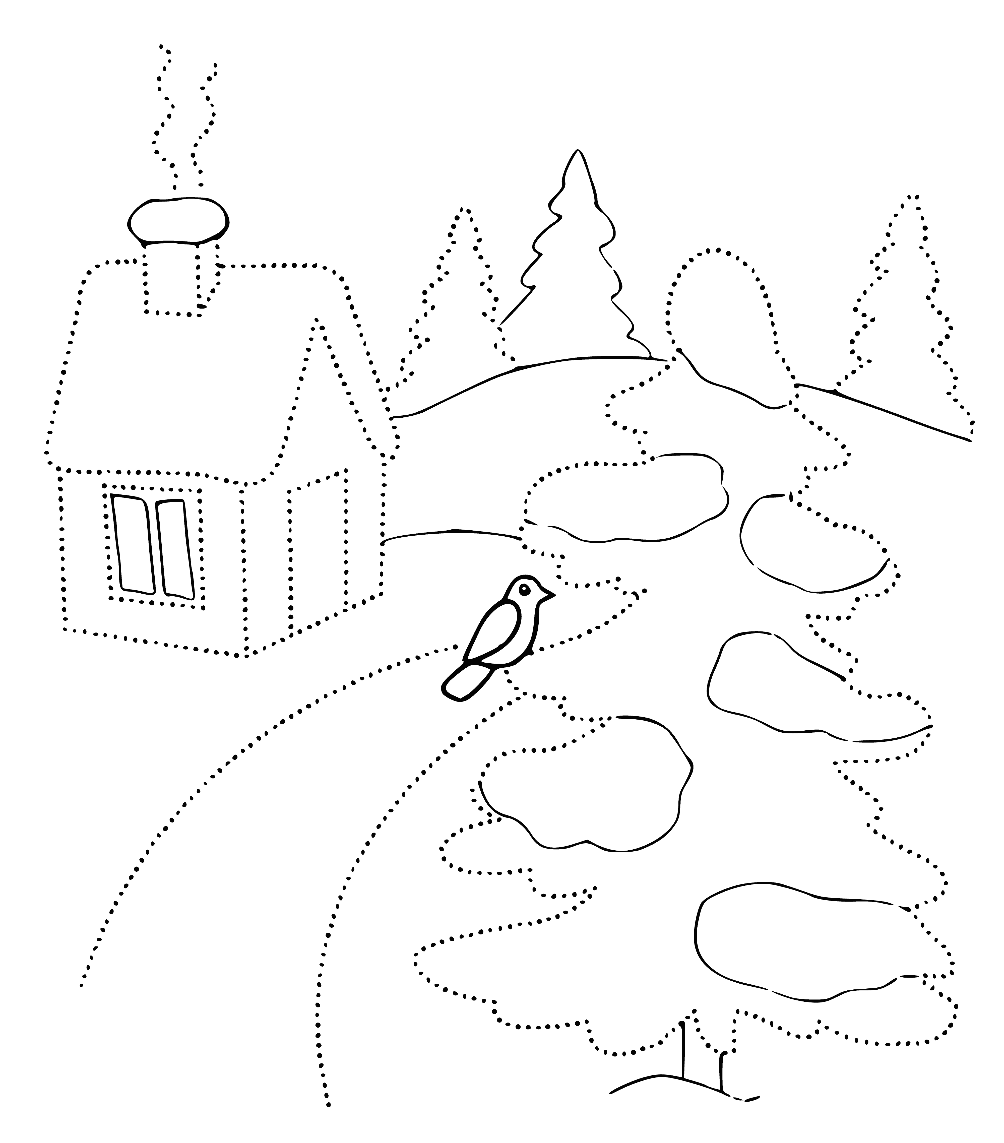coloring page: Group of children sledding down a hill in winter gear. Snow untouched, tall tree with icicles. #WinterWonderland