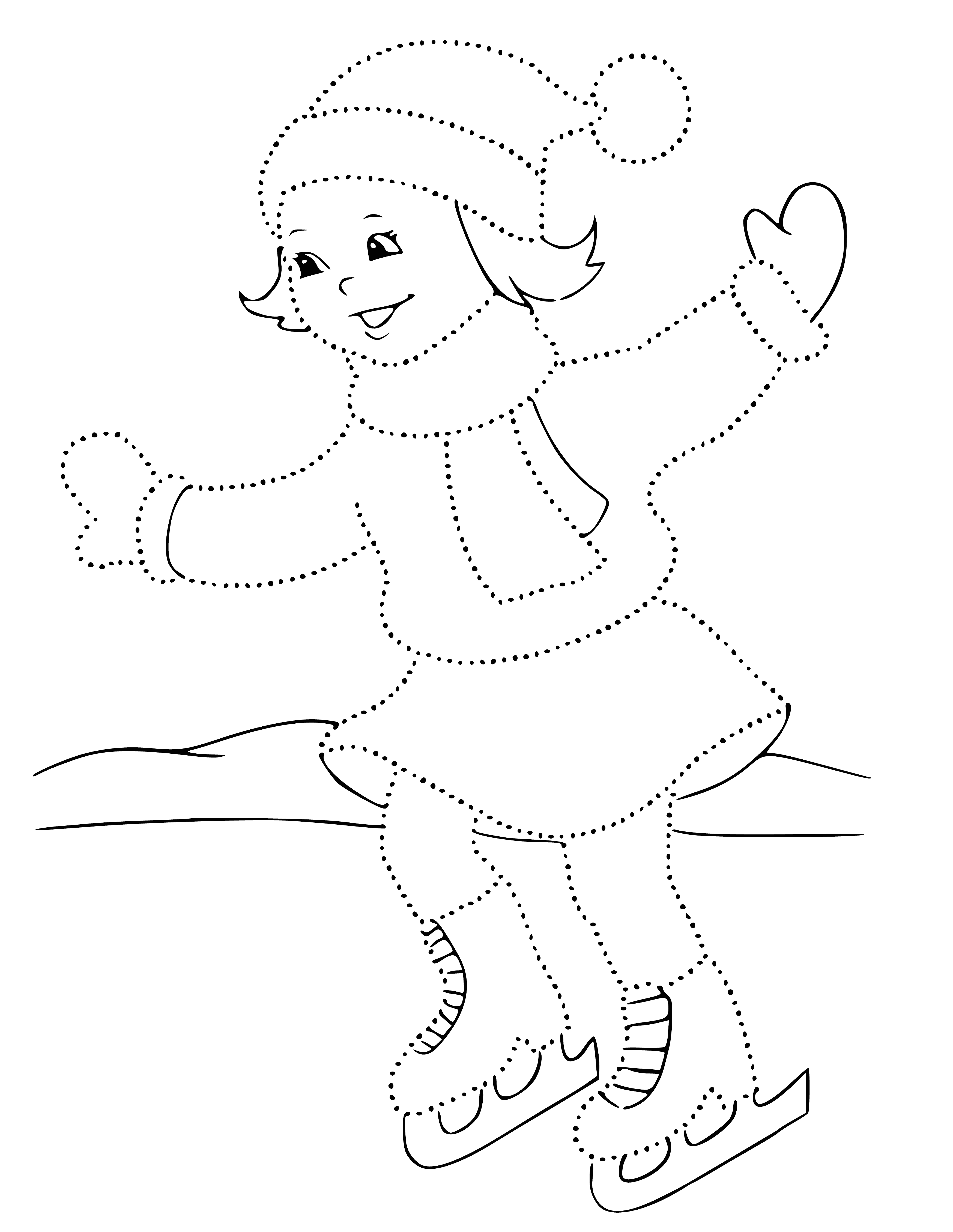 coloring page: Girl ice skating on frozen pond wearing blue dress and white scarf, hair blowing in the wind.