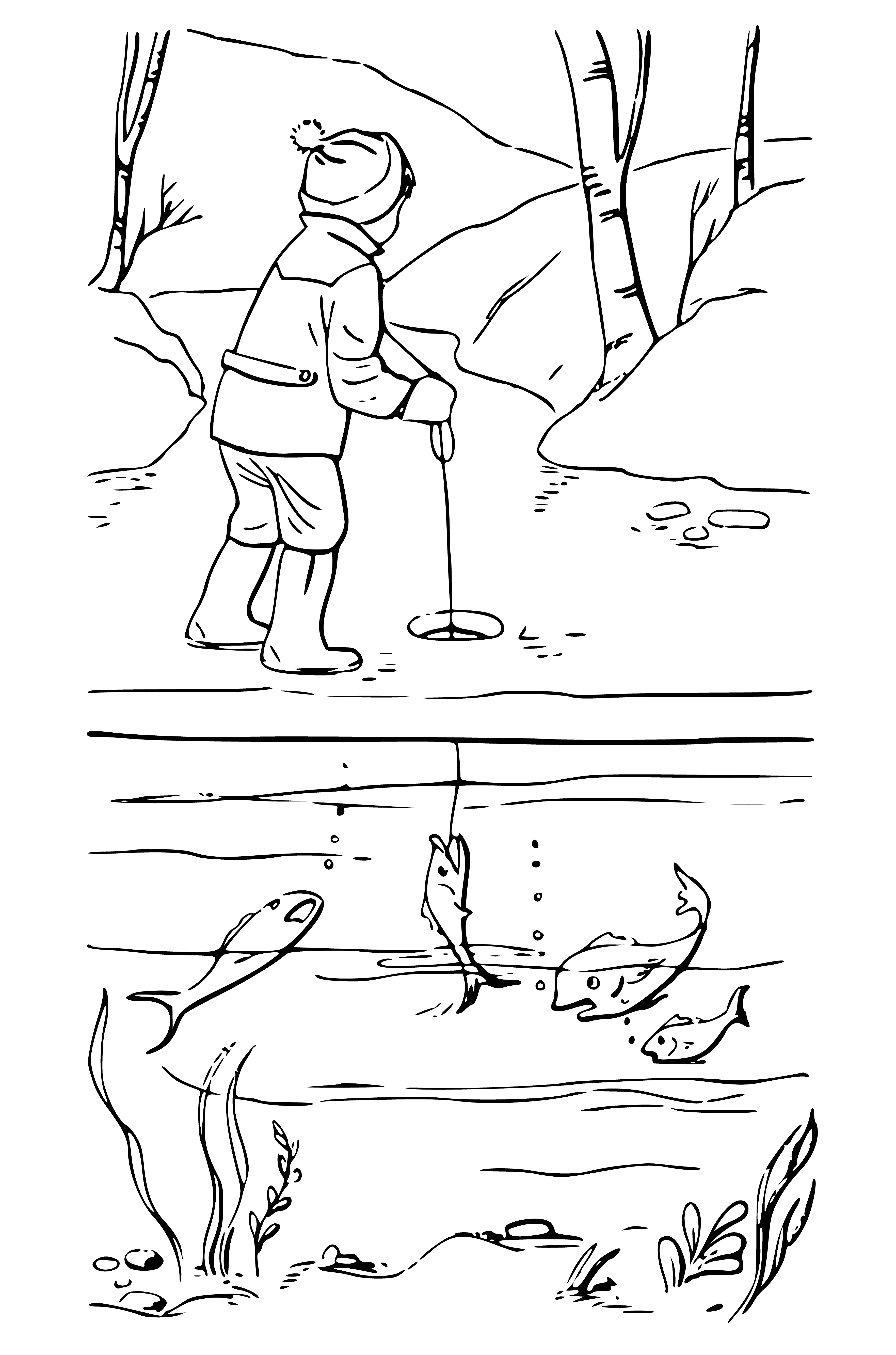 coloring page: Person stands on dock, fishing rod in hand, deep blue water below and snow on the ground. Wears a blue hat and red scarf.