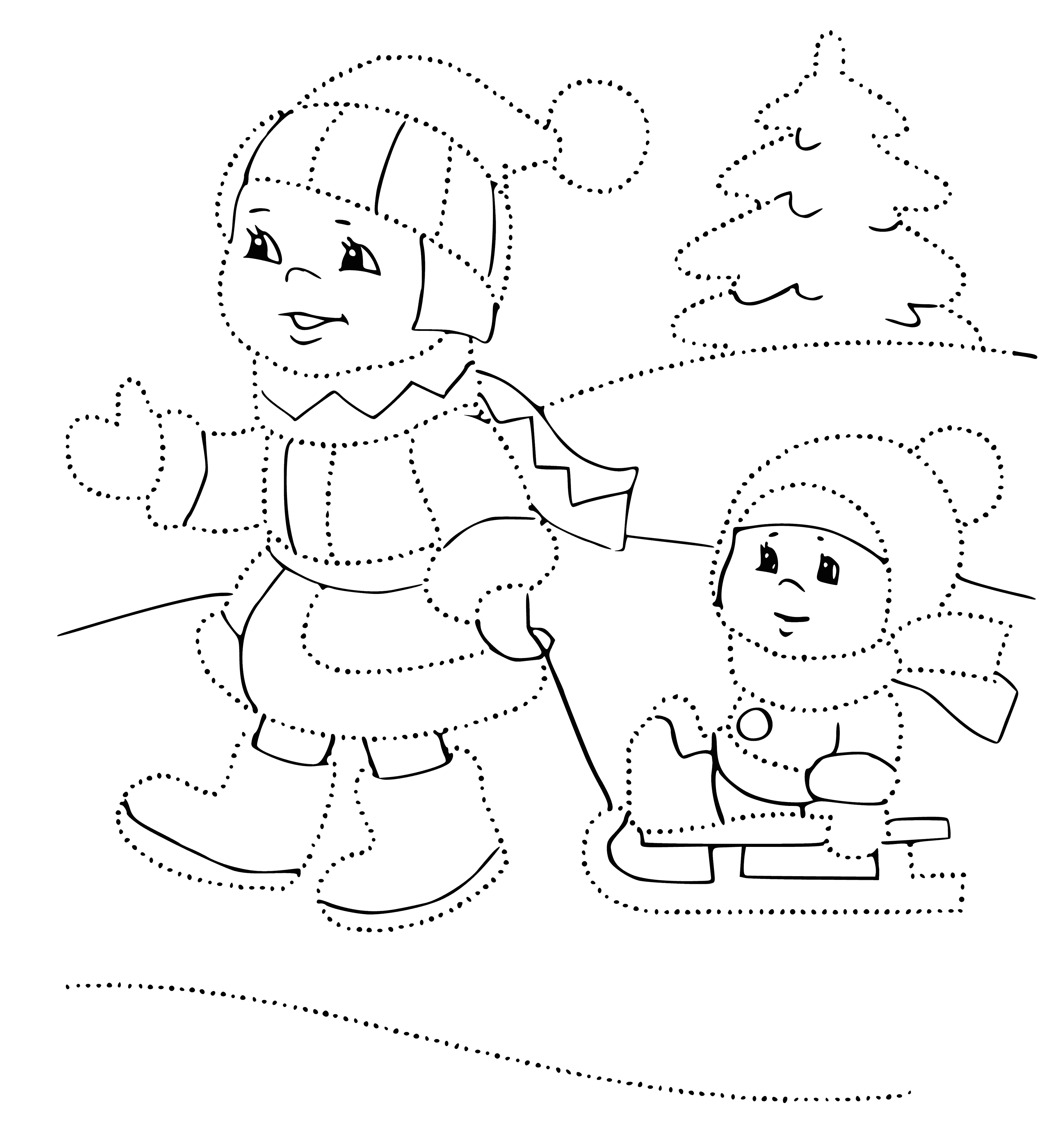 coloring page: Girl & boy sledding down hill, girl in purple, boy in green w/ red hats.