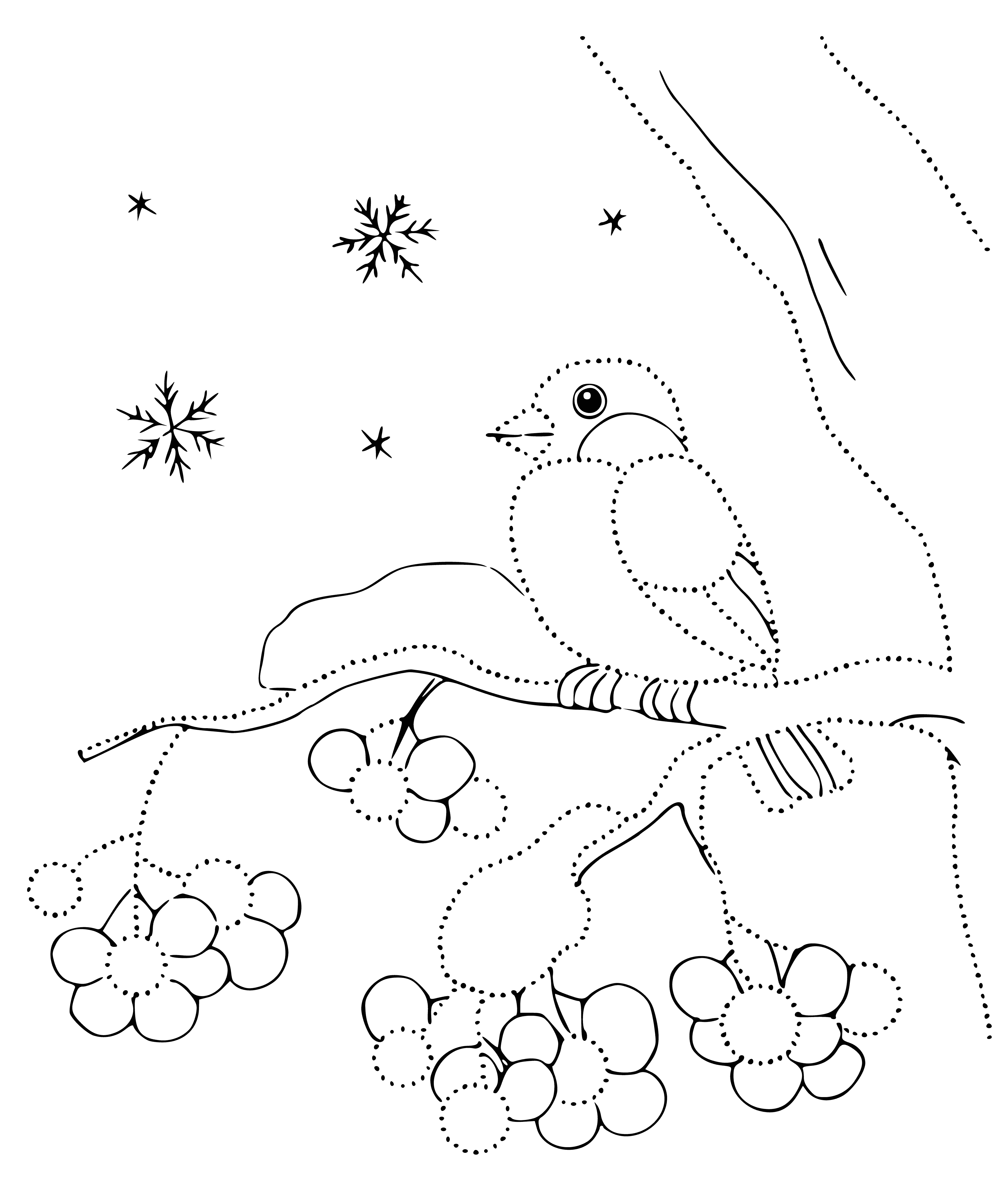 coloring page: Small, plump bird on thin, dead branch. Black head, white cheeks, small black beak. Snow-covered forest in background.