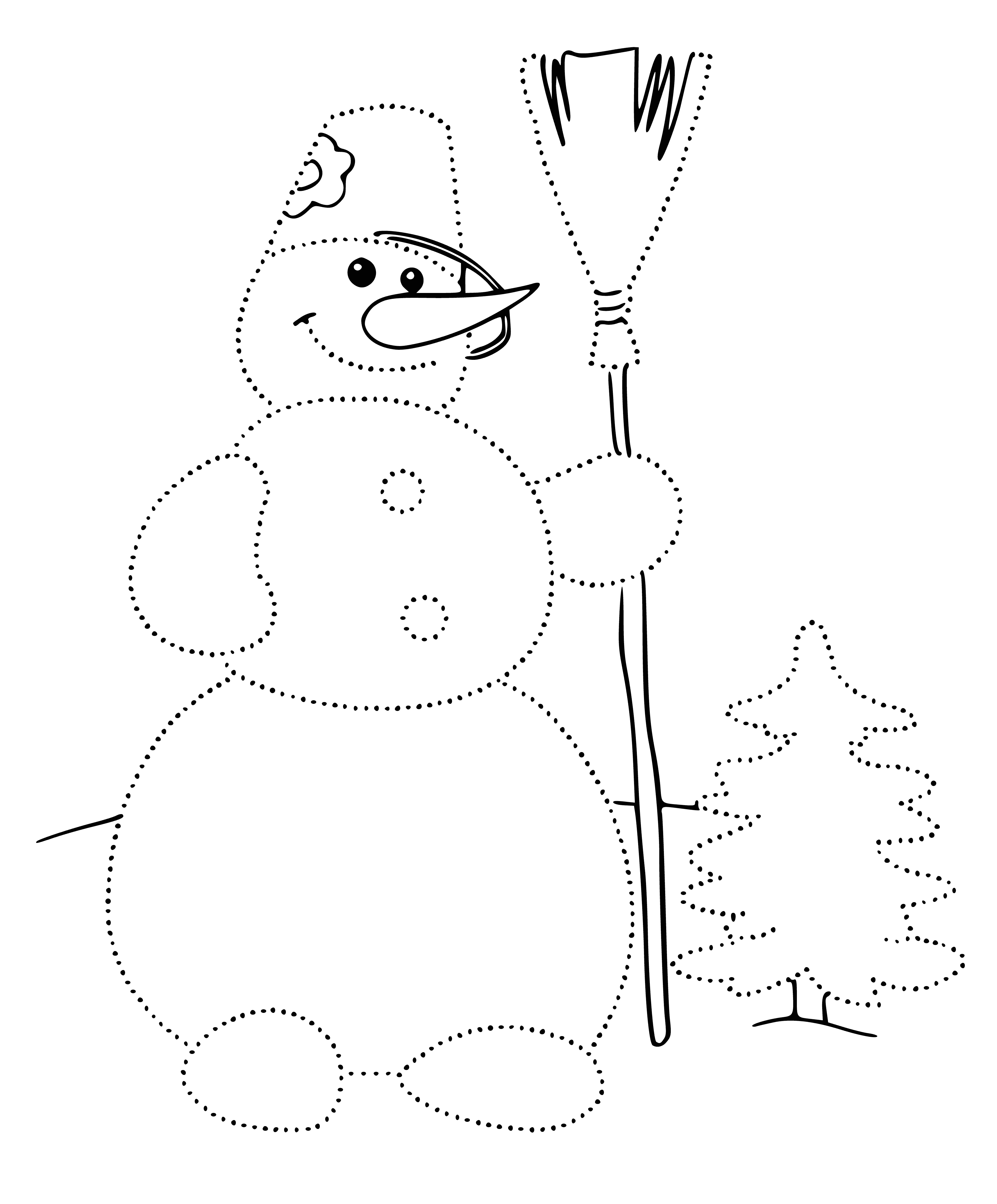 coloring page: A snowman with a top hat, scarf, two coal eyes, and a carrot nose stands in the snow.
