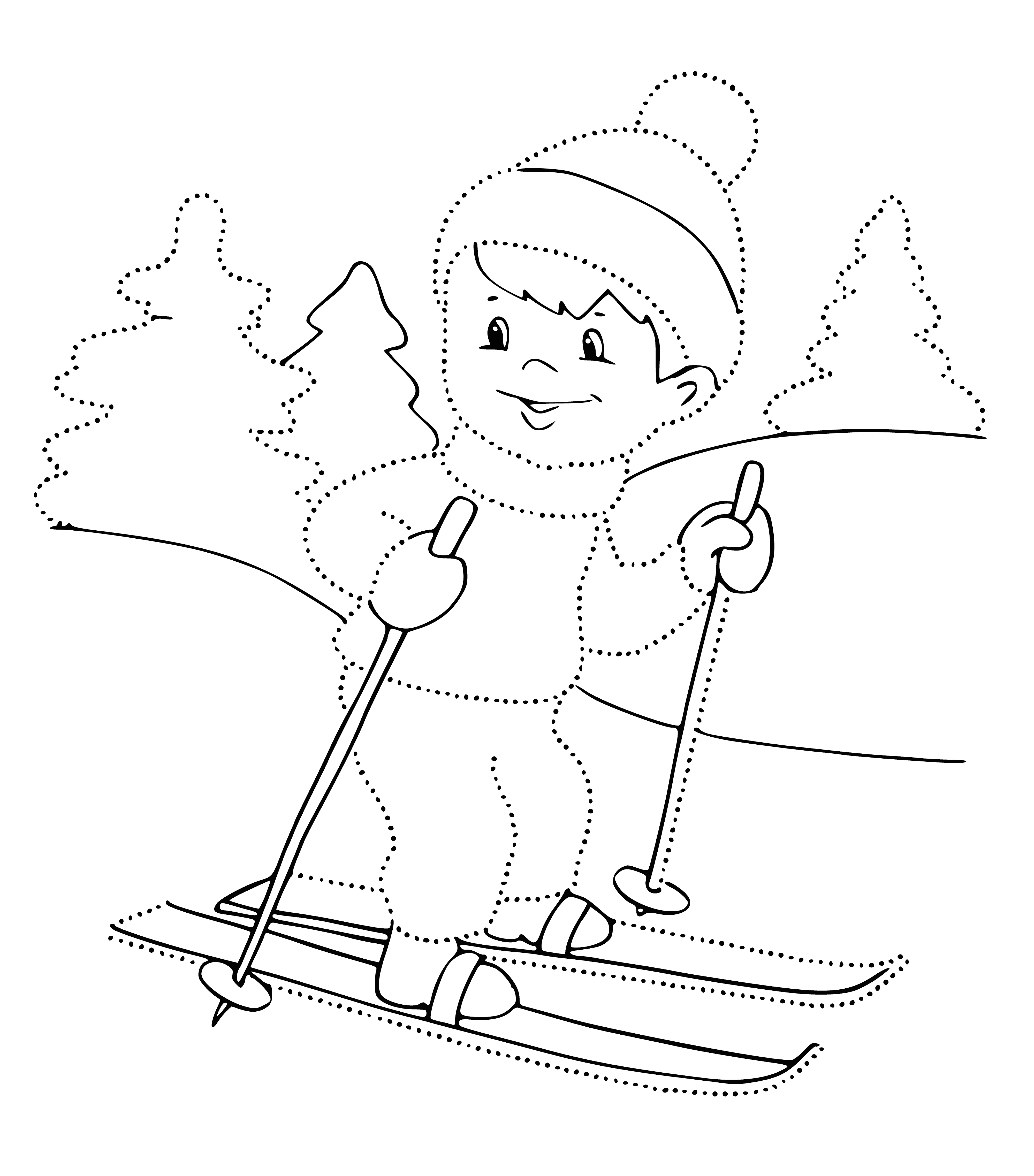 coloring page: Boy skiing down a hill in a snow-covered forest wearing a blue jacket, red pants & yellow scarf; trees also coated in snow. #winterwonderland