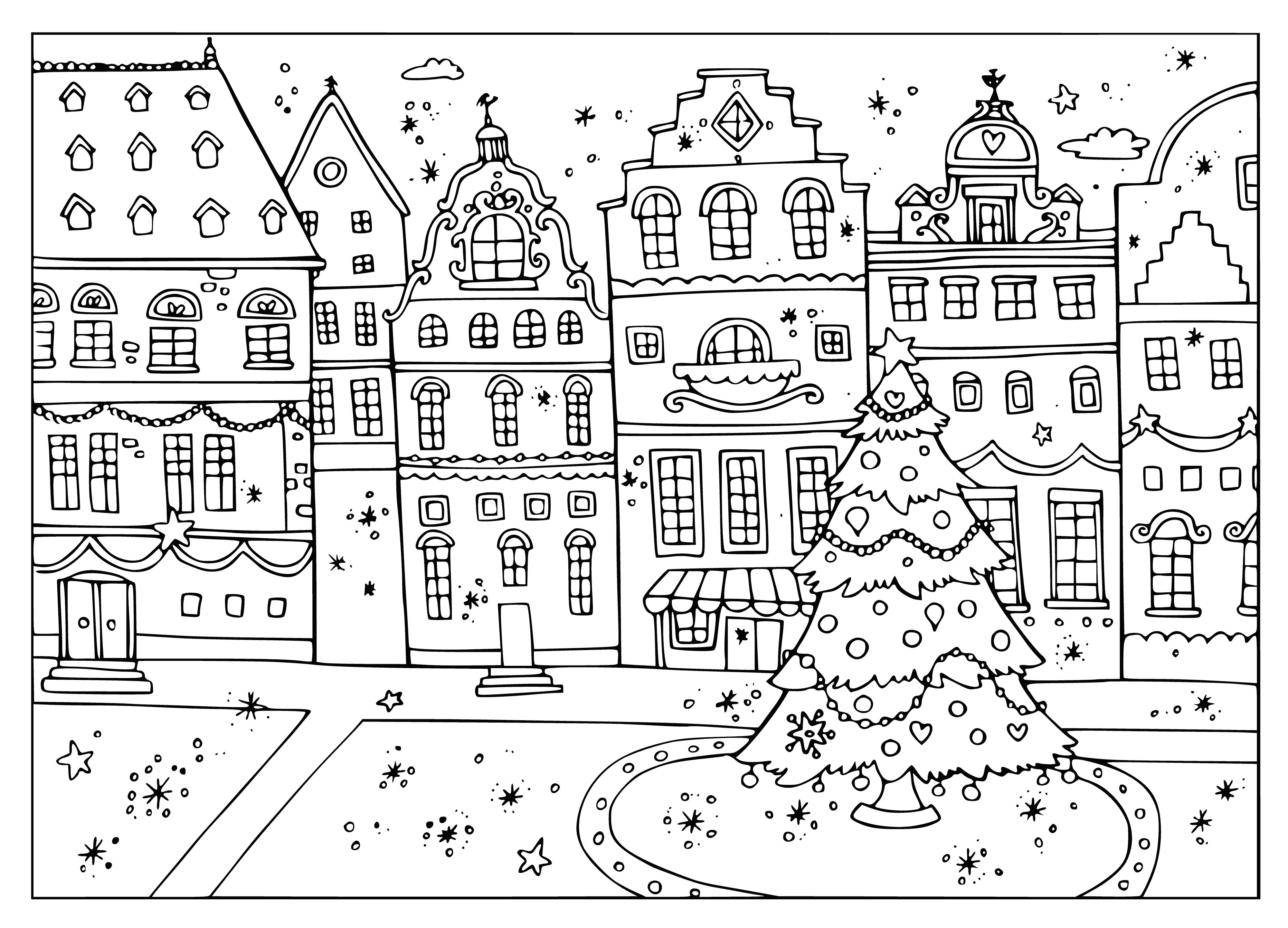 coloring page: A spruce is lit up with colorful lights and decorated with a star on top in a square. #Christmas