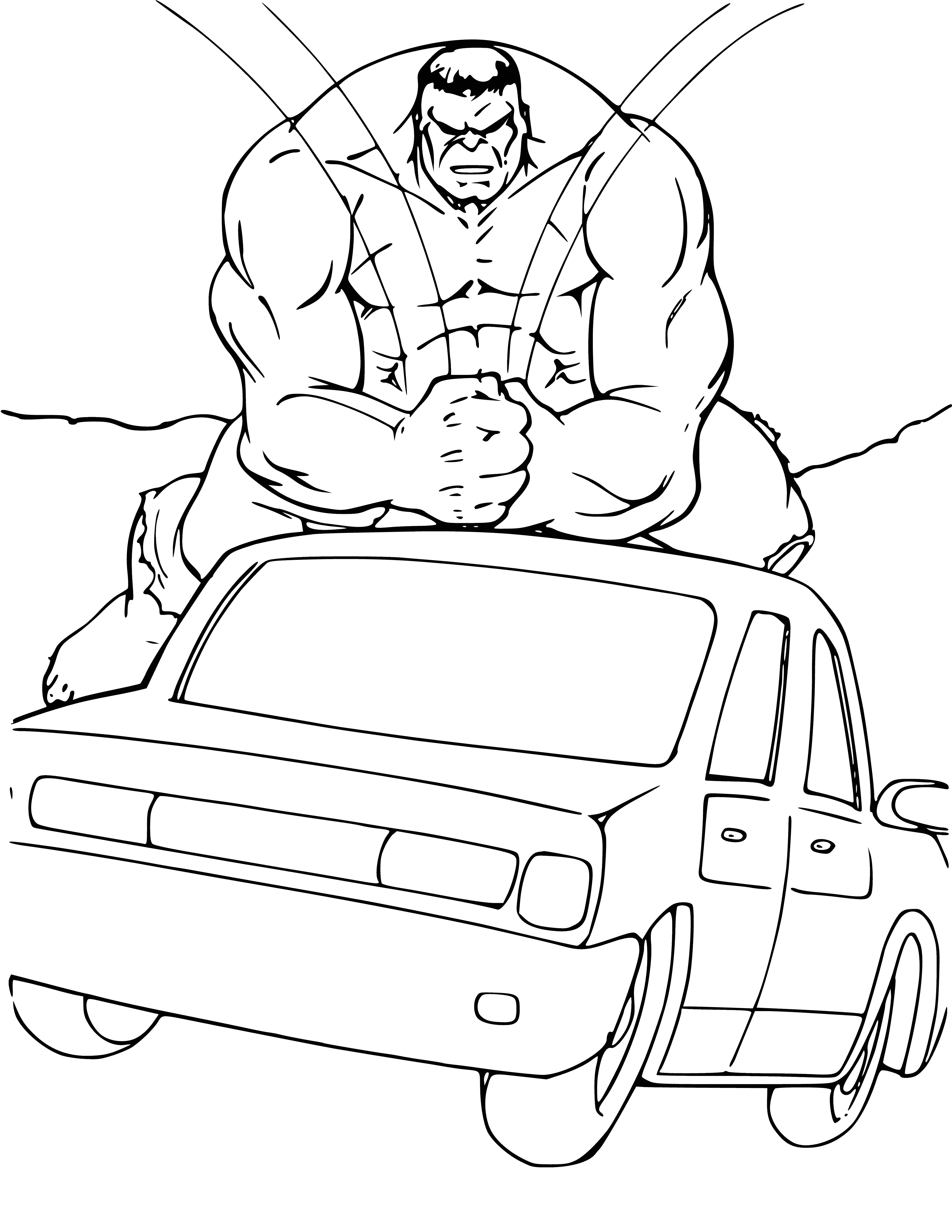 coloring page: Hulk is a strong, green monster with red eyes and purple pants. He is incredibly powerful and able to heal from any wound. He's viewed as both a destroyer and ally.