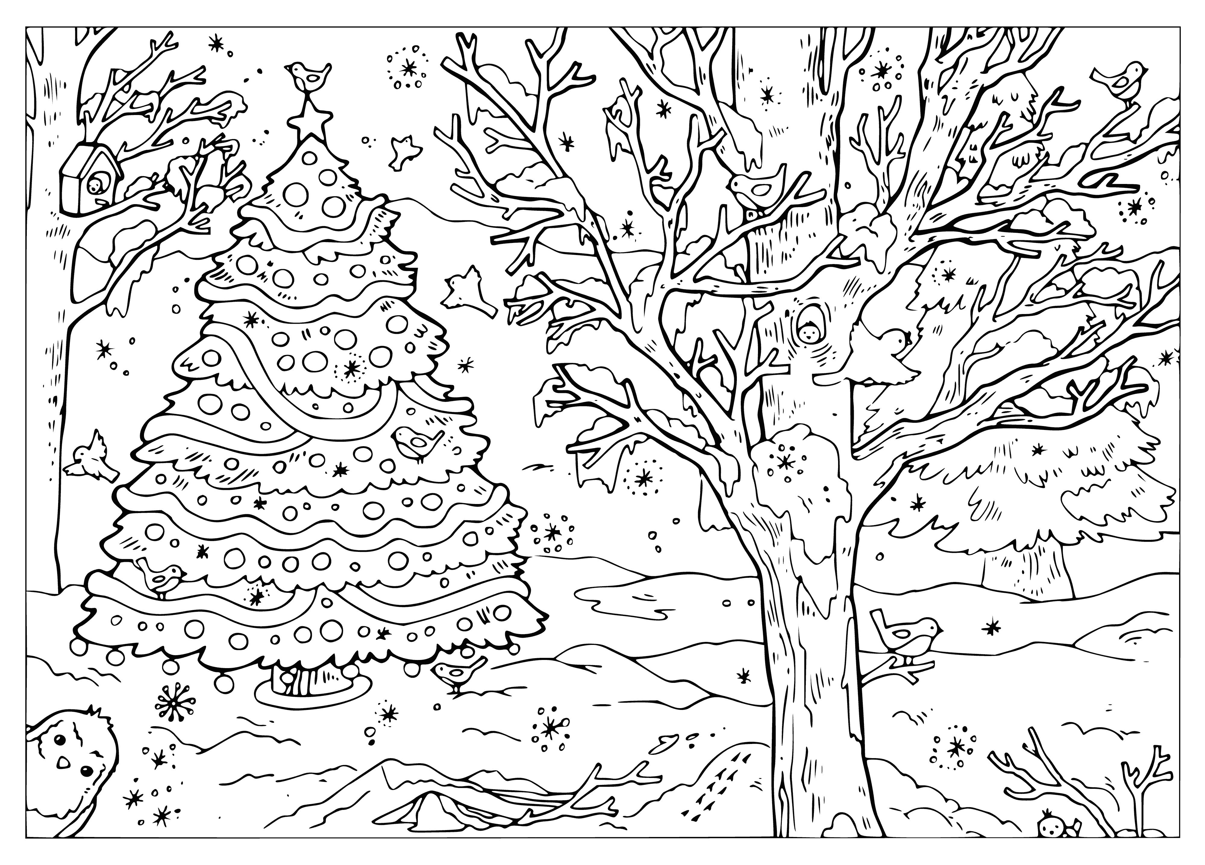 coloring page: Christmas tree in the center, green & decorated w/ red & gold, presents on the bottom, & star on top.
