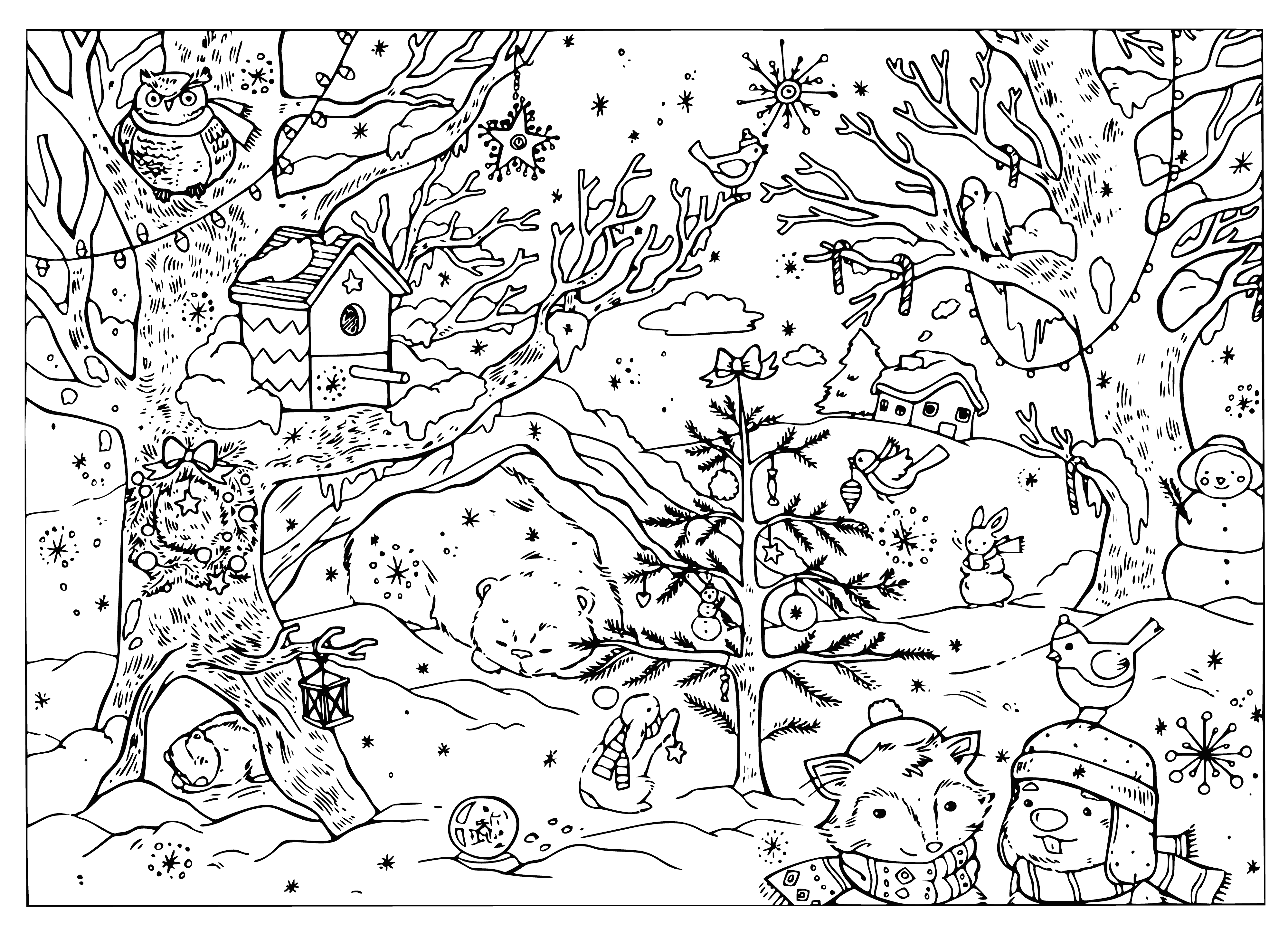 coloring page: Coloring pages show a winter forest of snow-covered trees, a small stream & a mountain range.