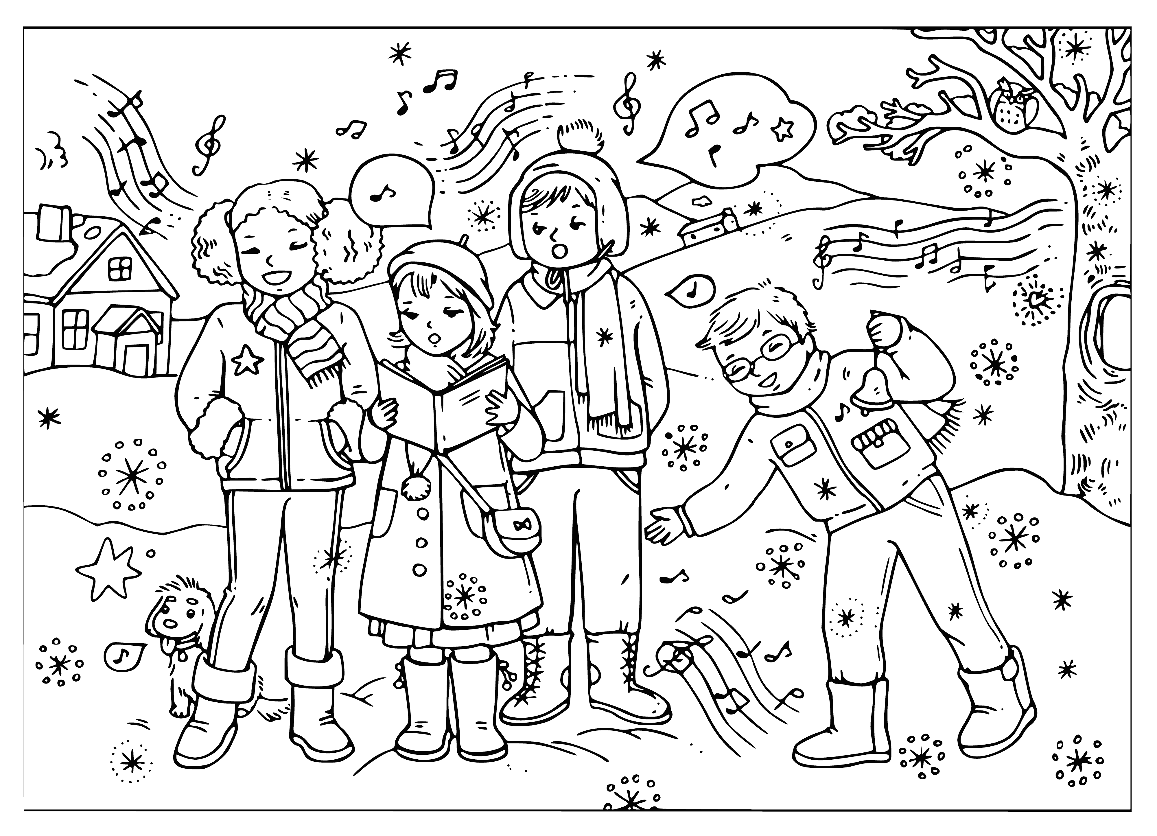 coloring page: Kids singing carols in the snow, bundled in warm clothes & holding candles, with a Christmas wreath in front. #winter #Christmas #coloring