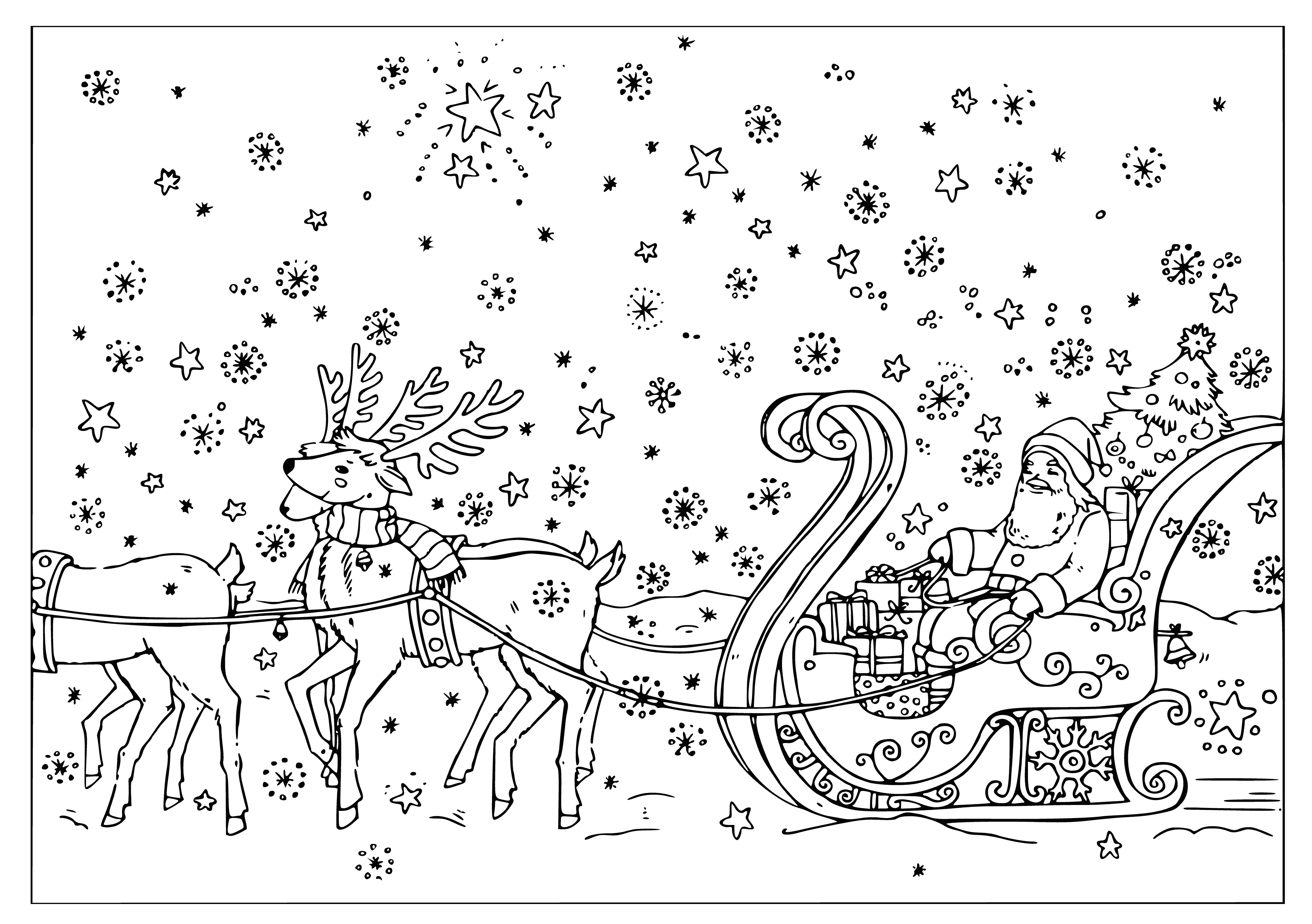 coloring page: Santa is delivering presents in his sleigh pulled by reindeer, wearing a red coat & hat and carrying a bag of gifts, with a snow-filled sky.