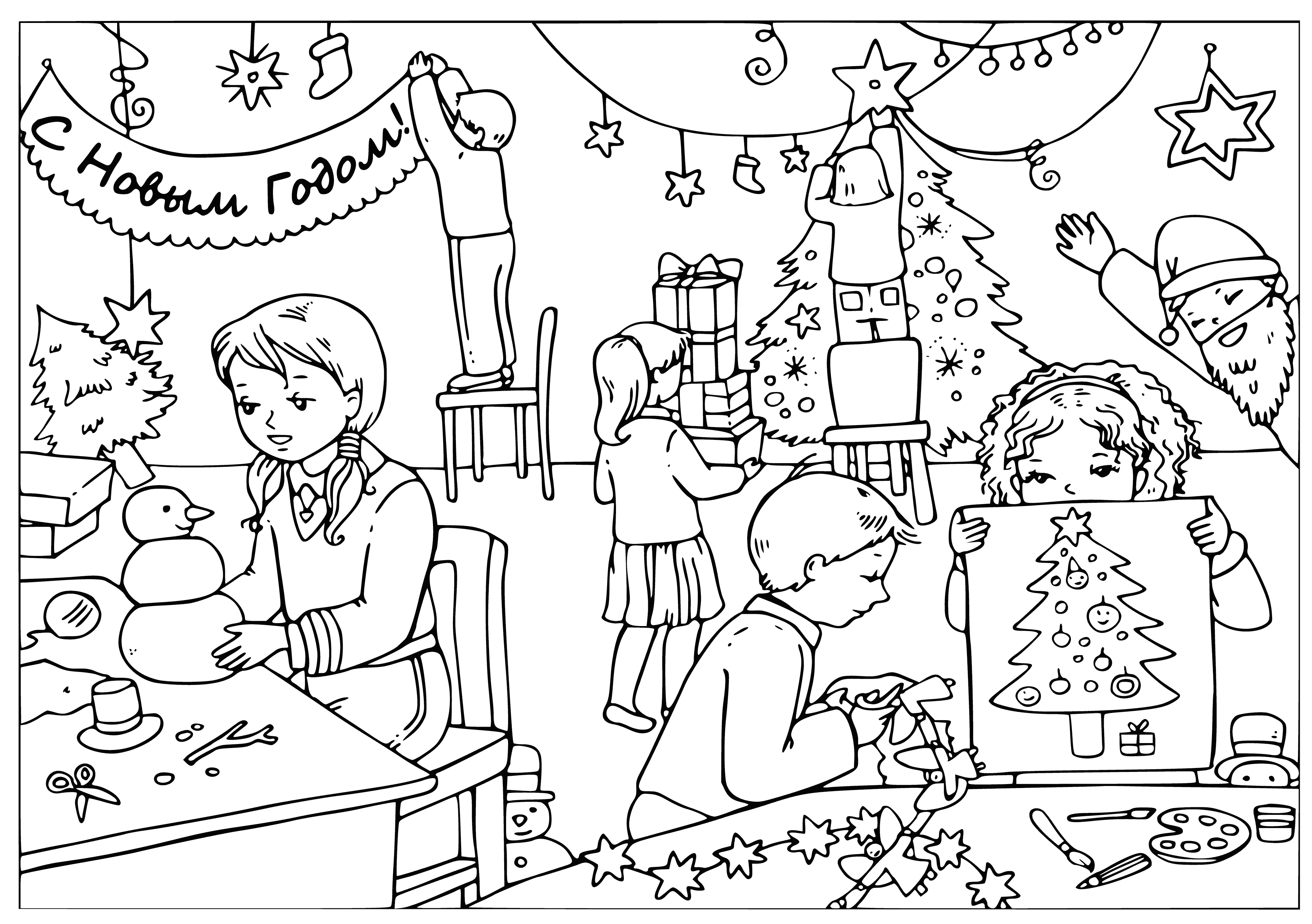 coloring page: Kids are having fun in the snow: making snowmen, sledding, throwing snowballs.