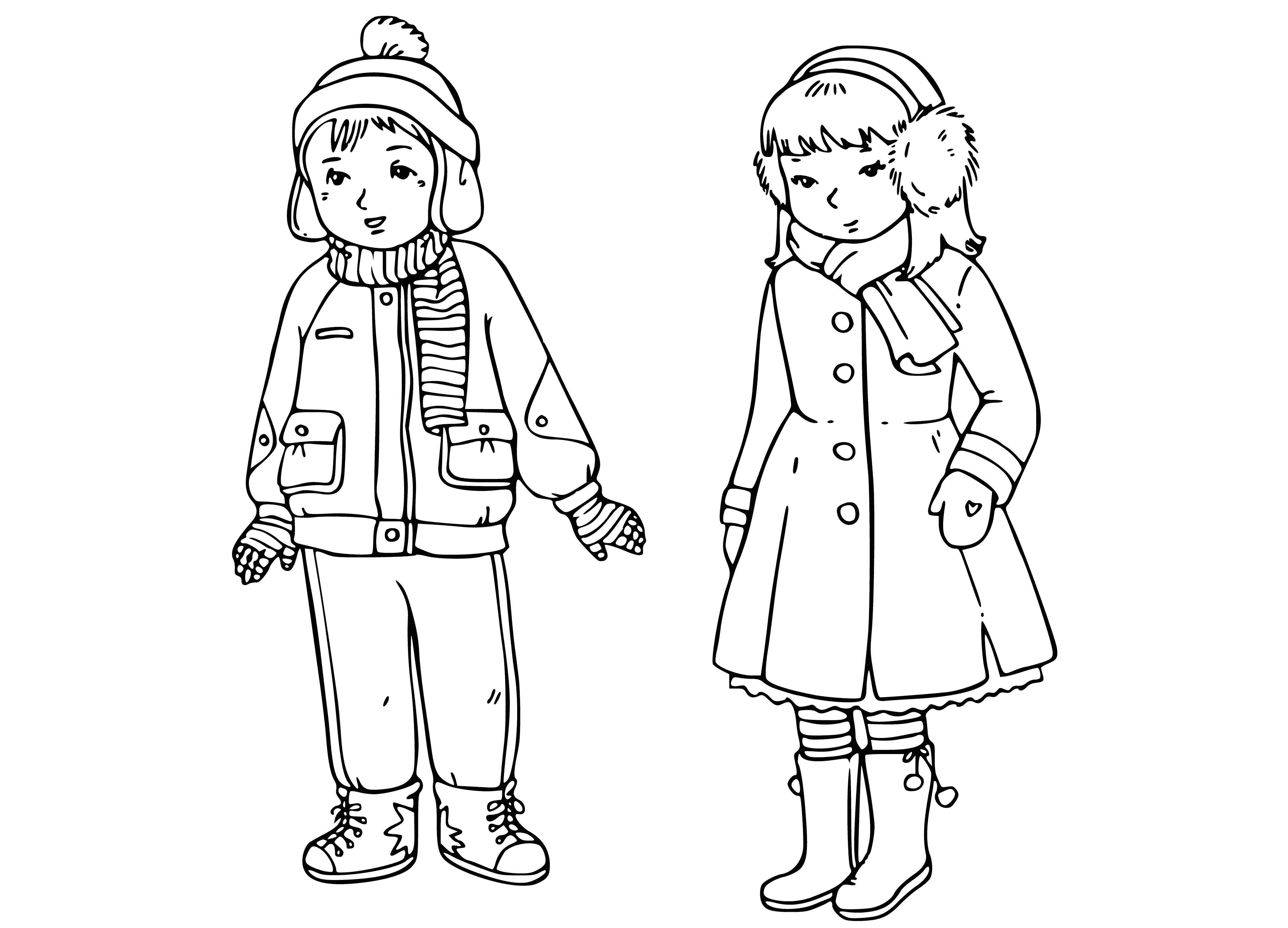 coloring page: Kids in winter clothes holding ice skates and snowflakes, wearing hats, scarves, and gloves. A perfect pic to color! #winter