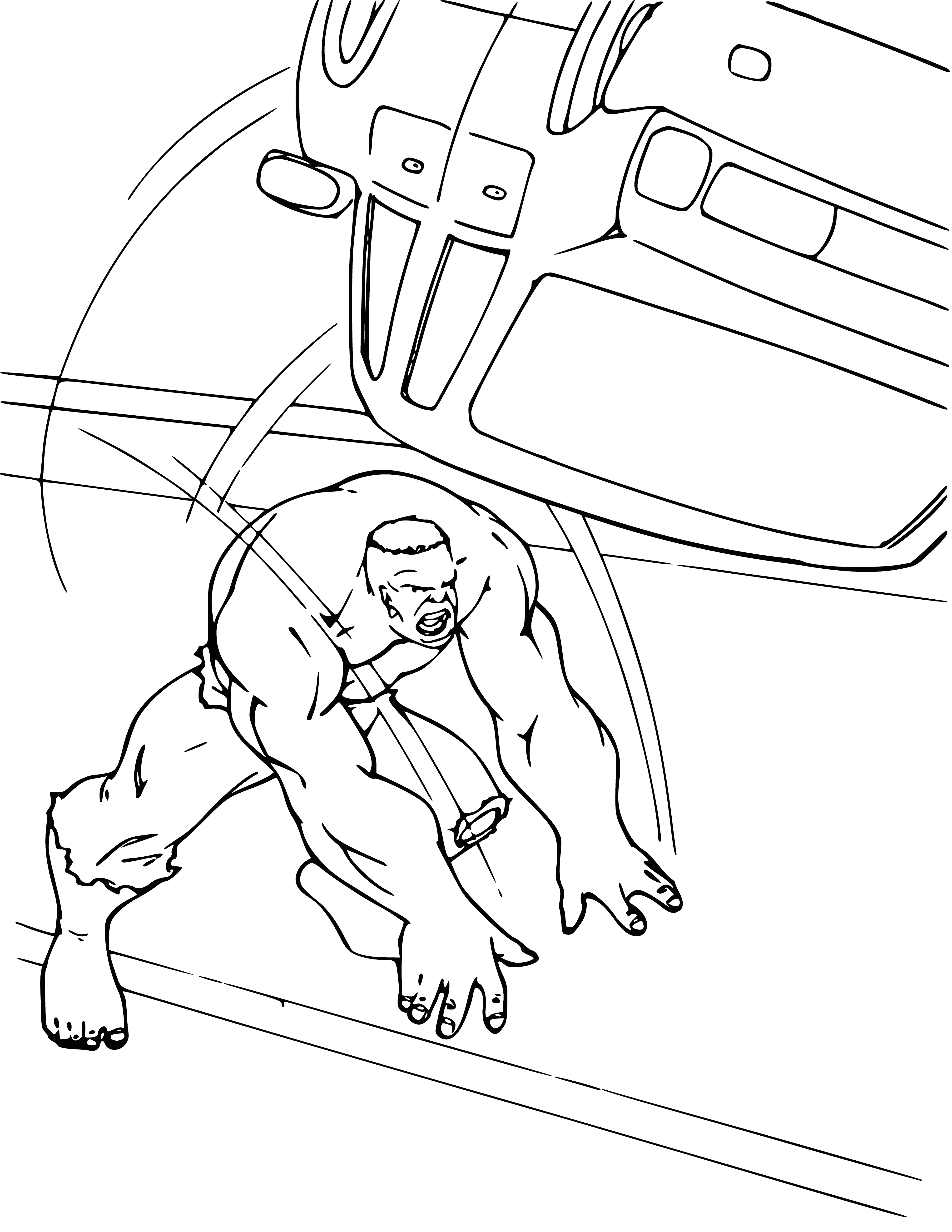 coloring page: The Hulk is a muscular green humanoid with incredible strength, shown performing amazing feats such as tearing cars in half.