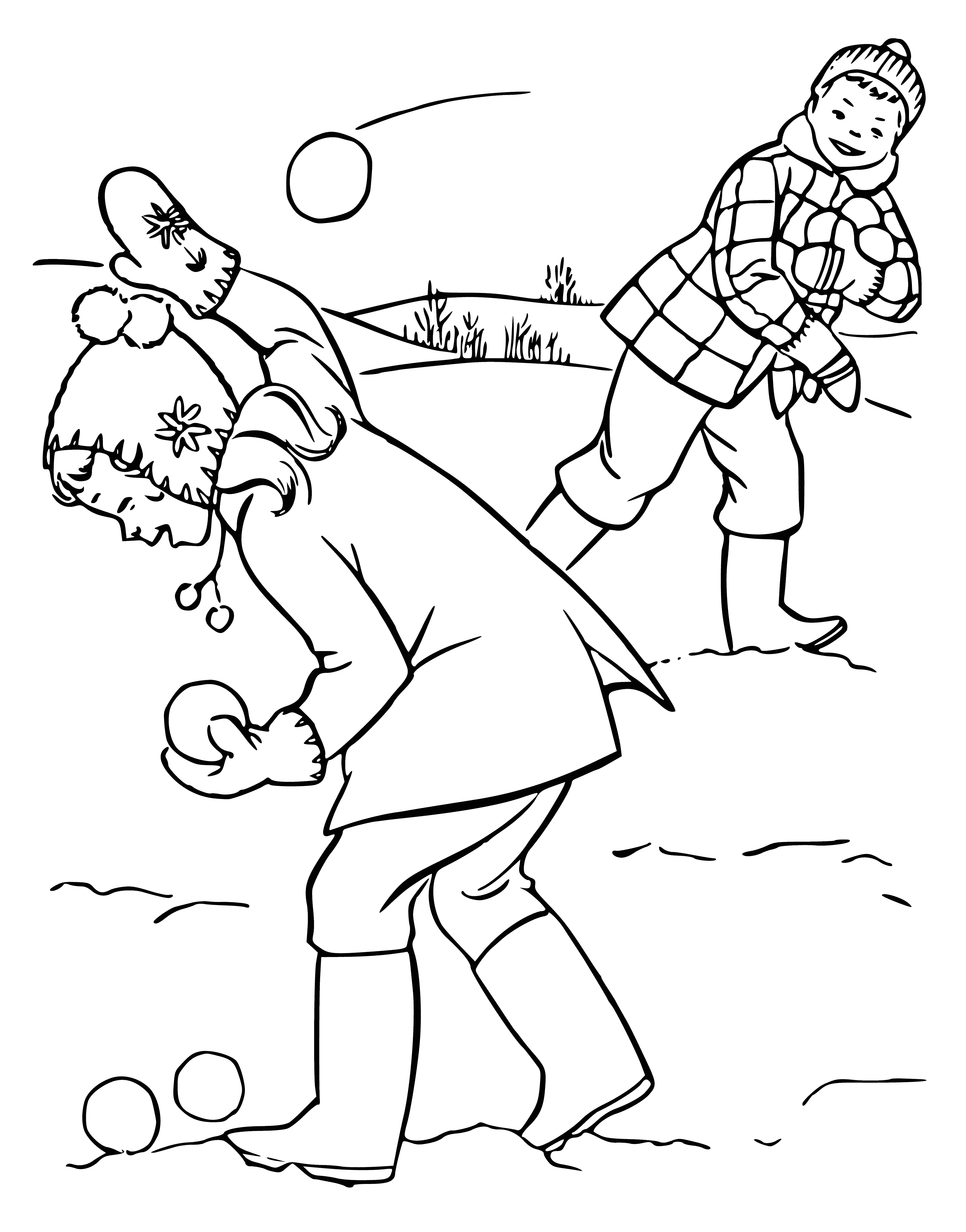 coloring page: Players take turns throwing snowballs at the target, with the winner getting the most in. Colorful snowy scene on a gameboard, fun for all ages!