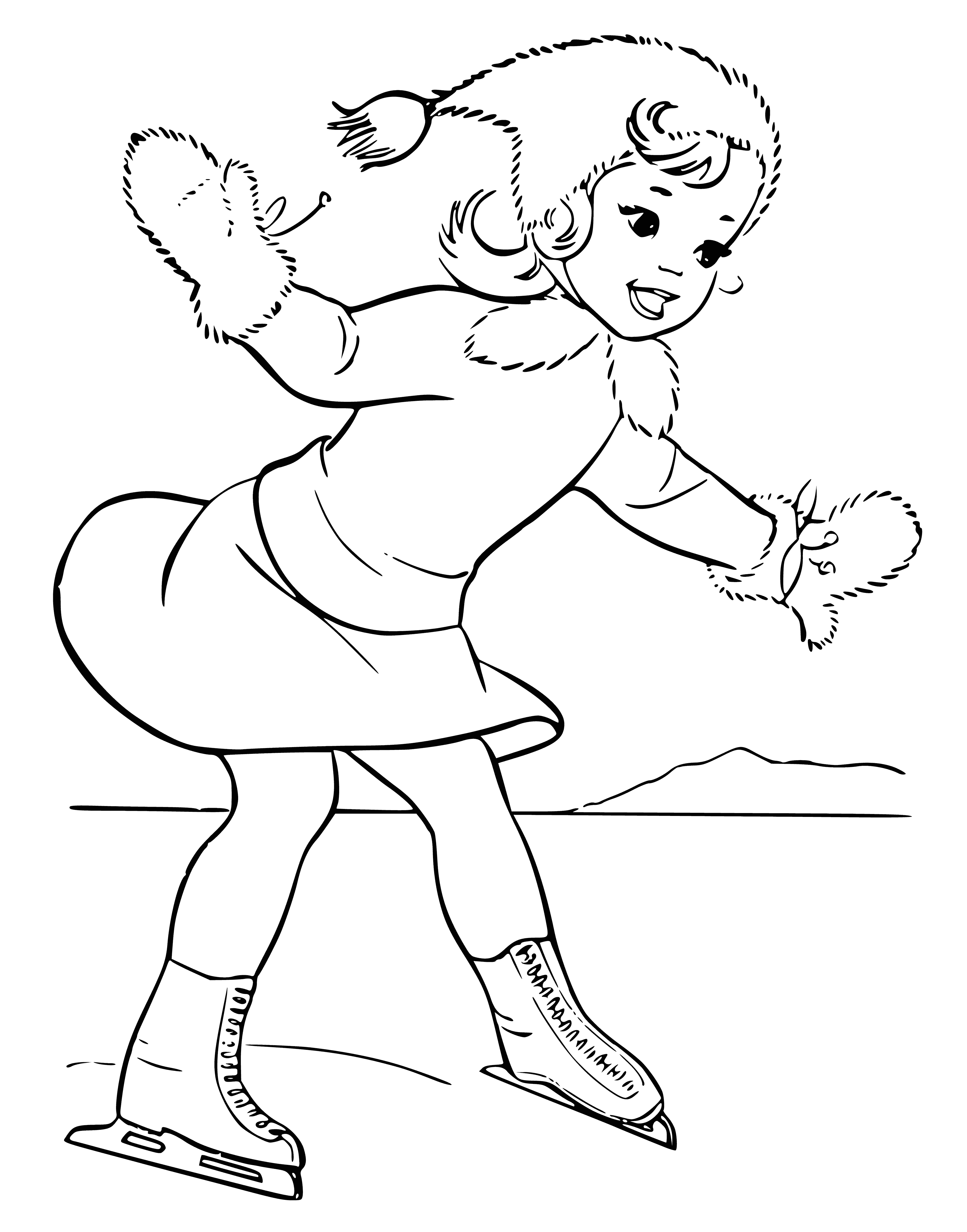 coloring page: Girl skates on frozen pond wearing pink dress and green scarf, hair blowing in wind. She looks happy and excited. #winterwonderland