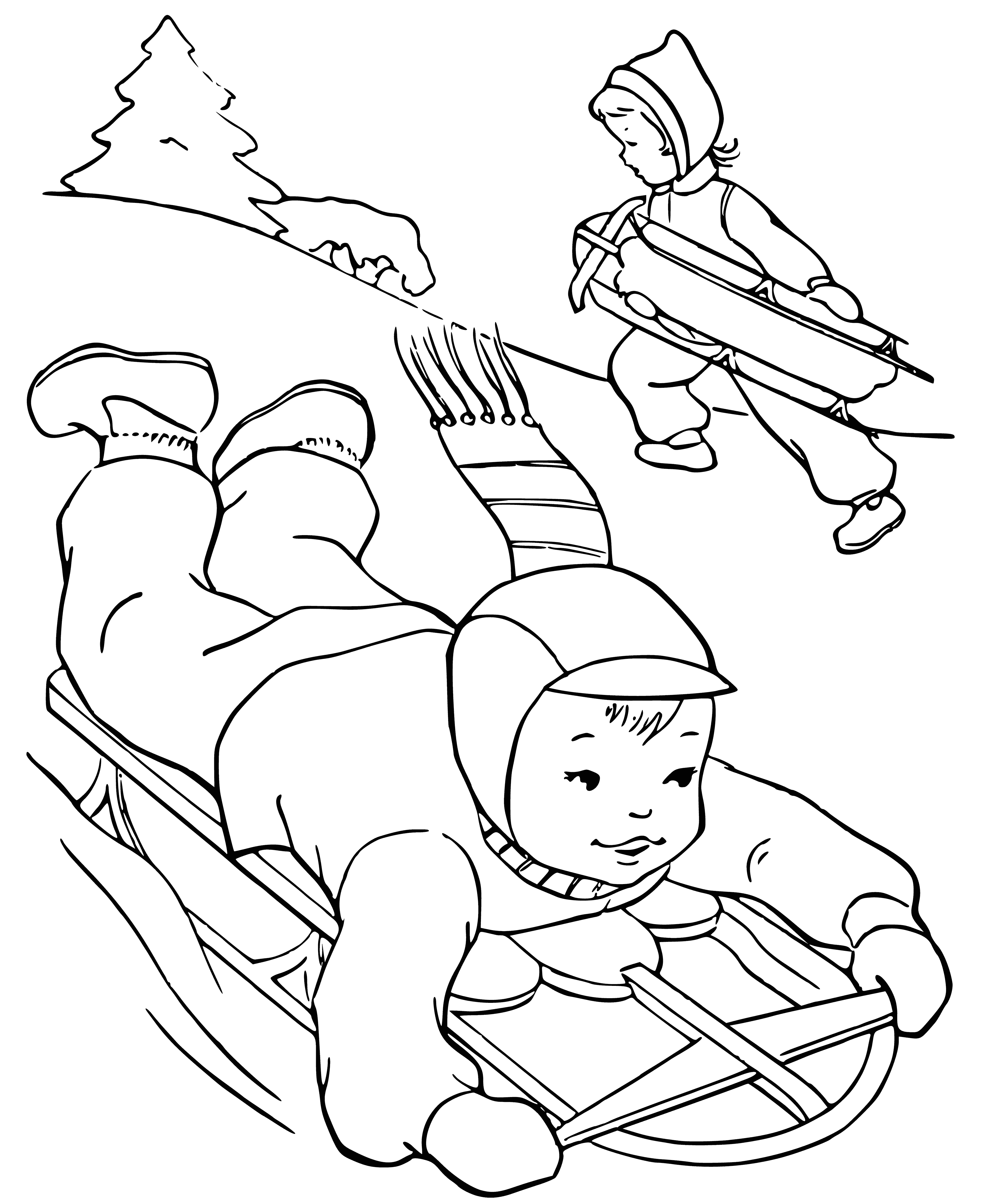 coloring page: Toddler on sled pulled by dog, waving happily with white, probably snowy, background.