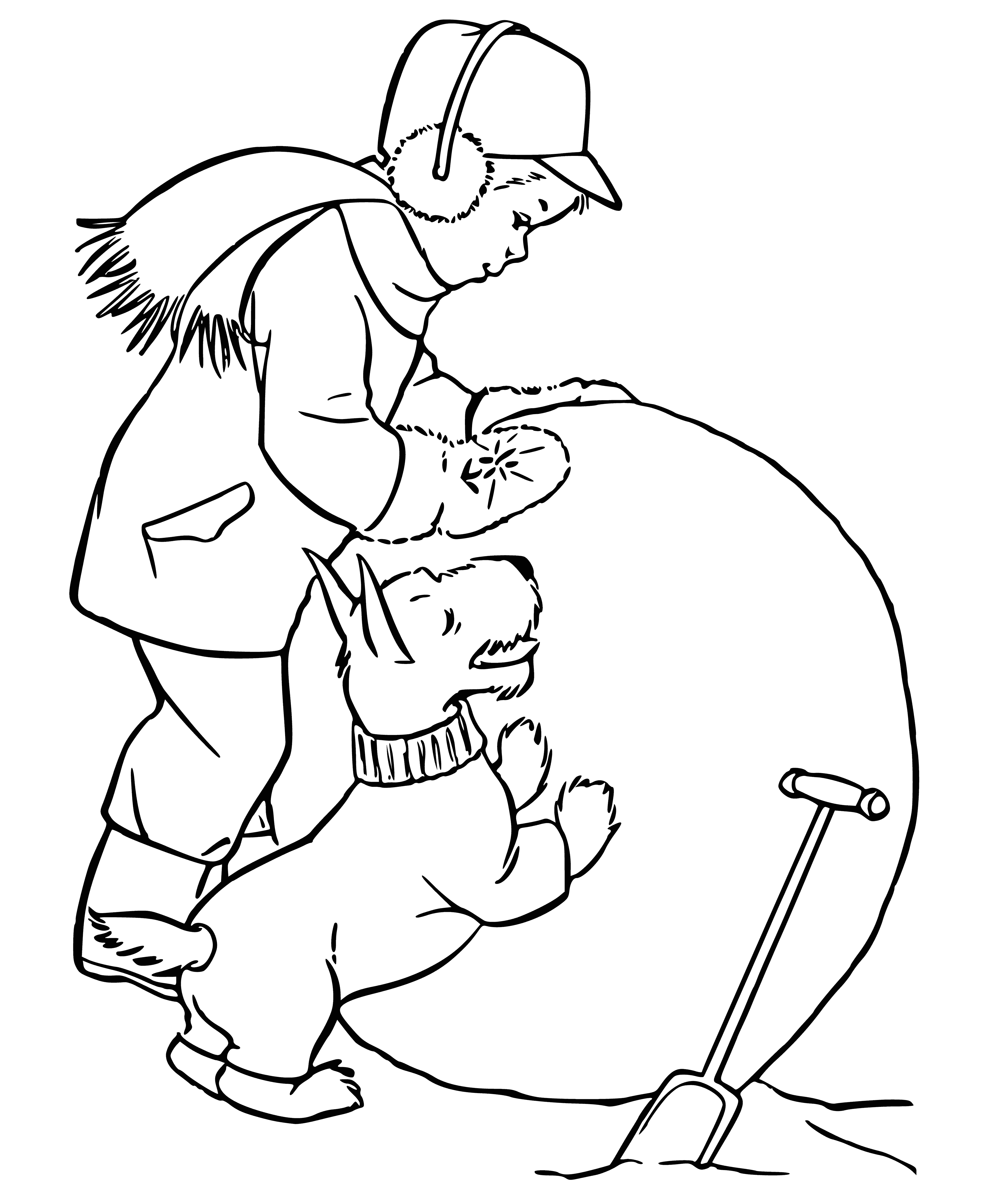 coloring page: Boy happily rolling huge snowball in a snow-covered meadow, sky a light blue.