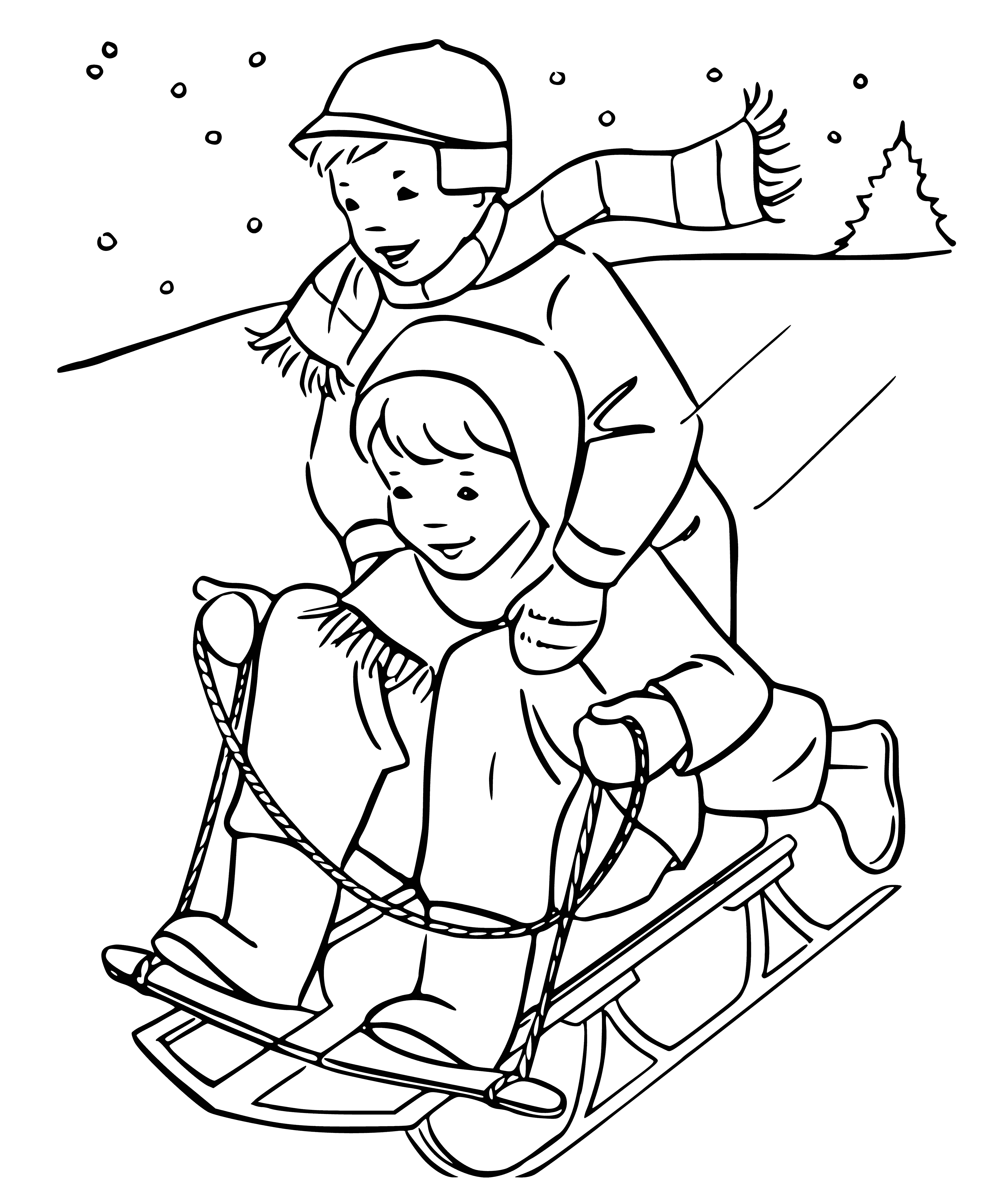 coloring page: Kids sledding down hill, playing in sun-lit snow. Some laughing, some scared - an important lesson in joy and fear. #WinterFun