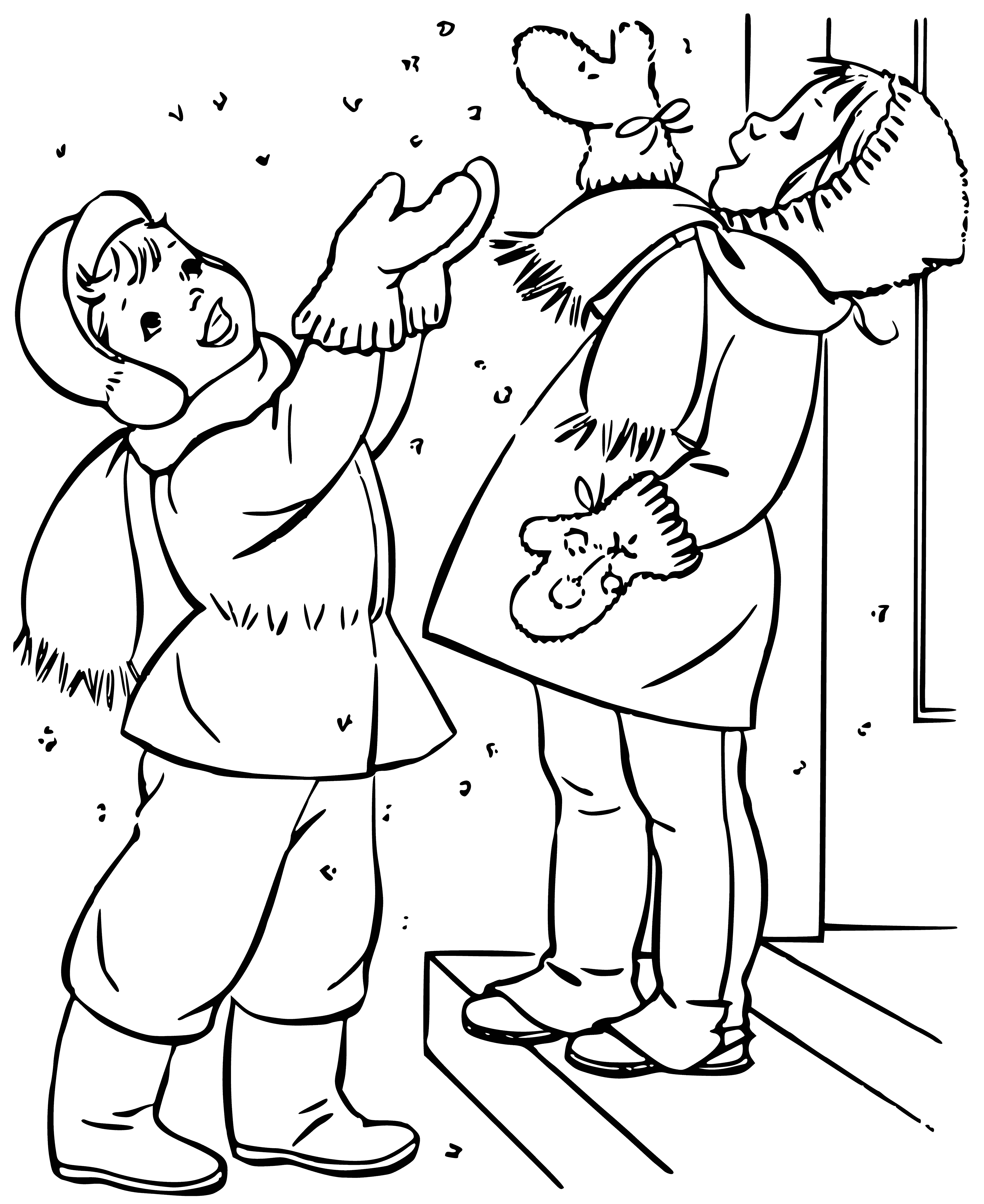 coloring page: Kids outside catching snowflakes, bundled up or just wearing mittens, happy & having fun!
