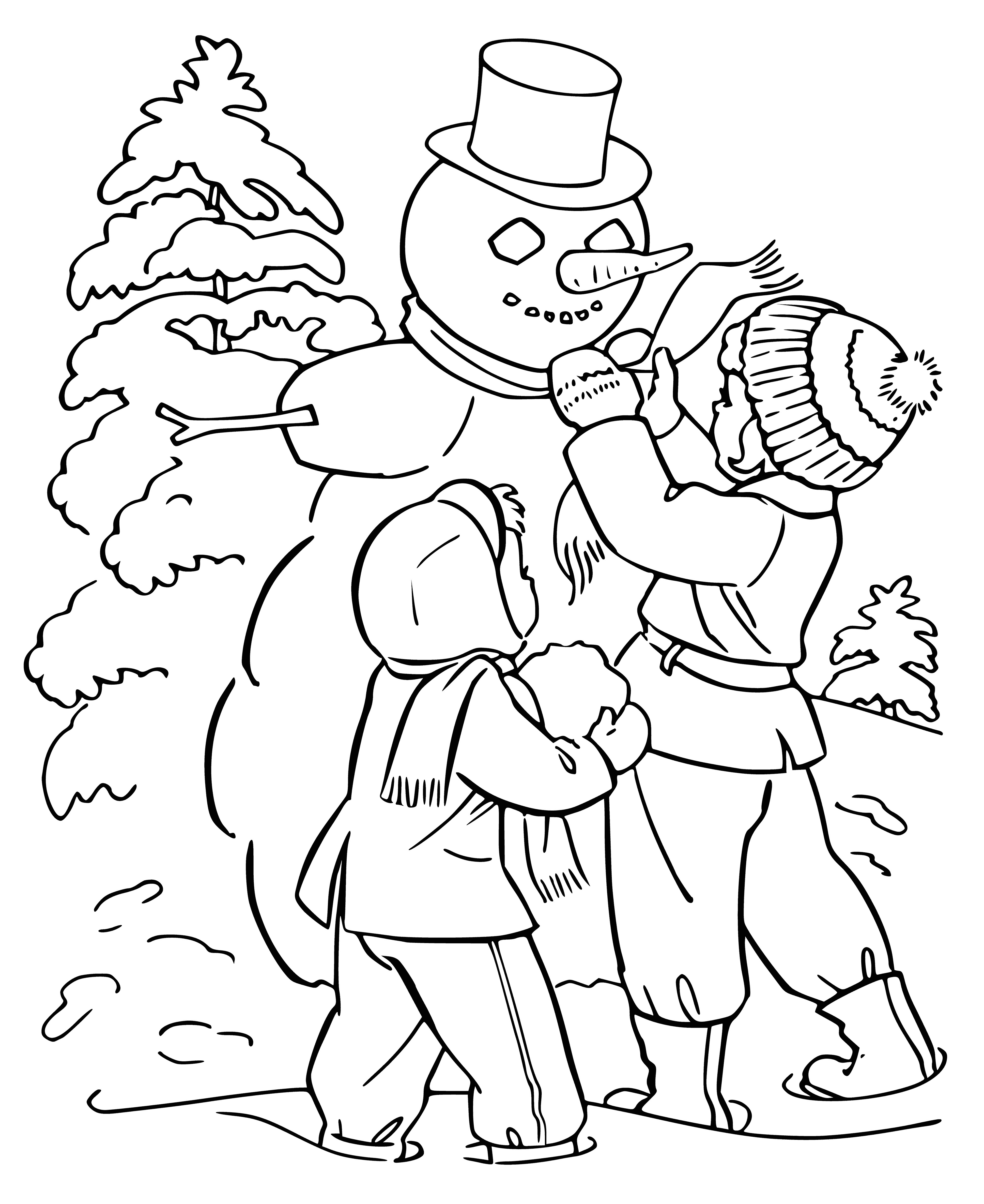 coloring page: Kids making snowmen, rolling balls, packing snow, decorating with sticks/rocks; lots of fun outside in winter!