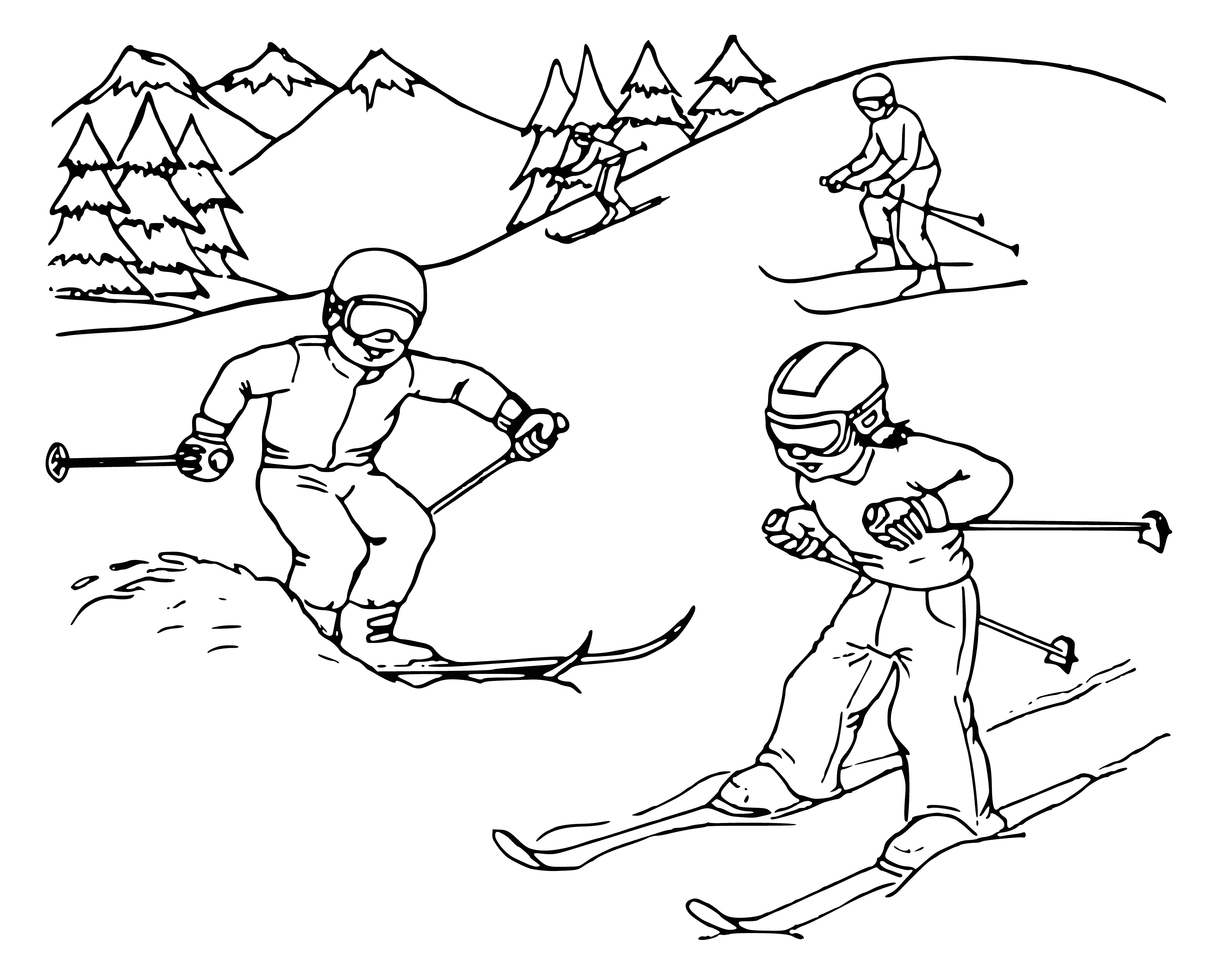 coloring page: People skiing down a hill in a blue sky with shining sun and sparkling snow.