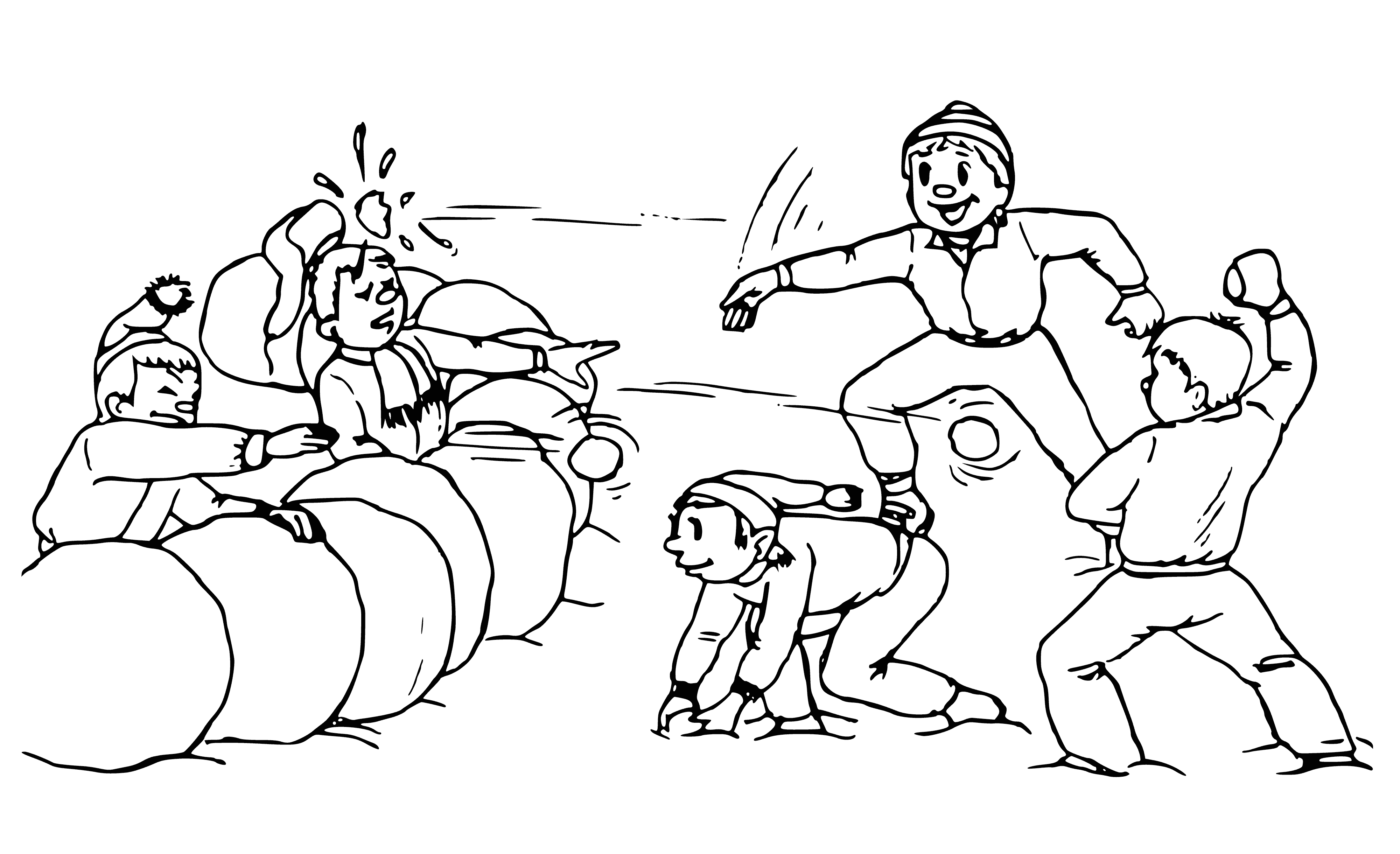coloring page: Three kids playing in a winter wonderland, throwing snowballs & having fun!