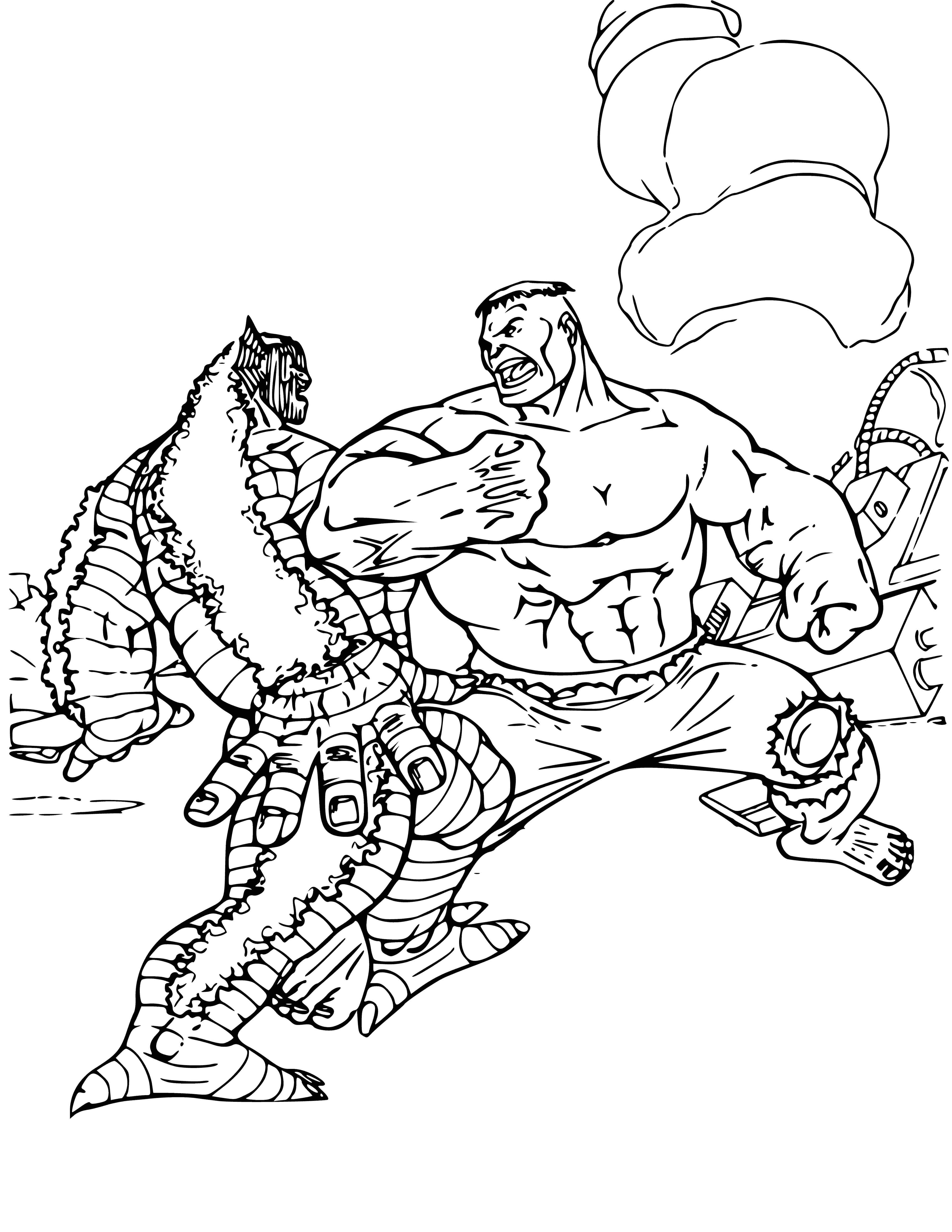 coloring page: A large, muscular, green creature with disproportioned extremities, sunken eyes and an open mouth revealing large teeth; one that looks angry.
