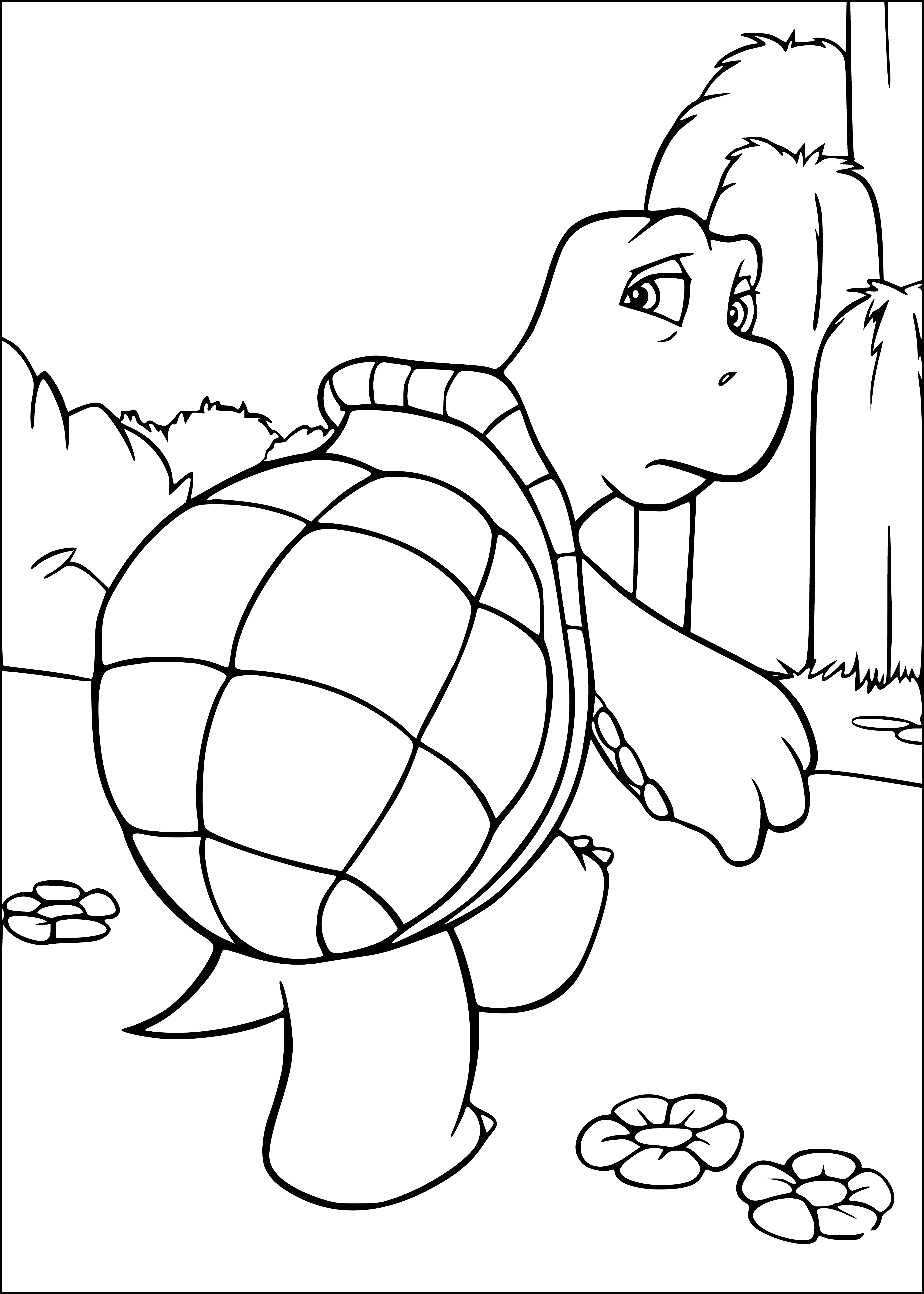 coloring page: Turtle crawls on ground with hard shell and long tail; green skin, white underside. Small head, two eyes, two sharp claws on feet.