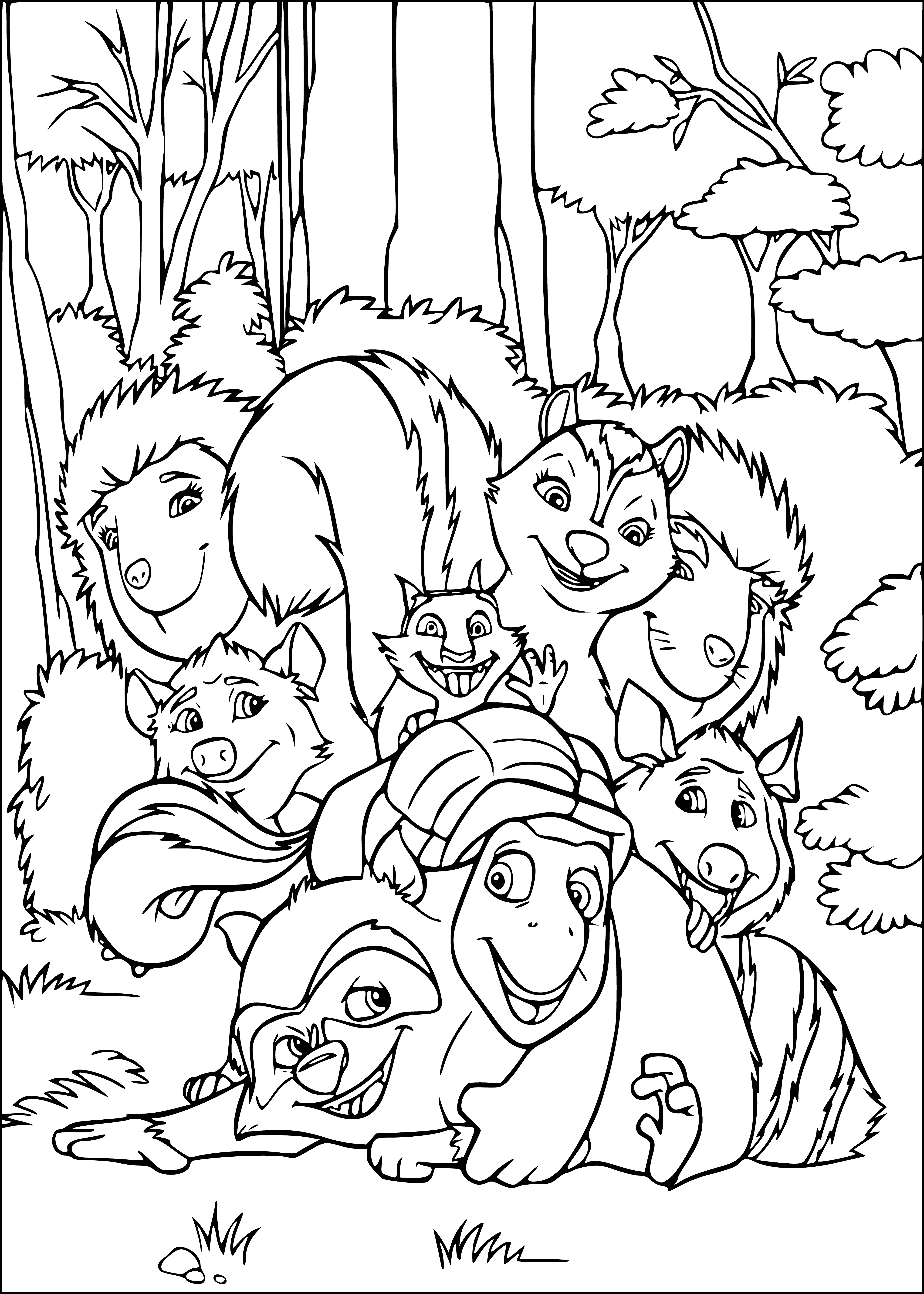 coloring page: Animals gather around picnic table, munching and chatting: squirrel, turtle, skunk, raccoon. In background, tall hedge. #picniclife