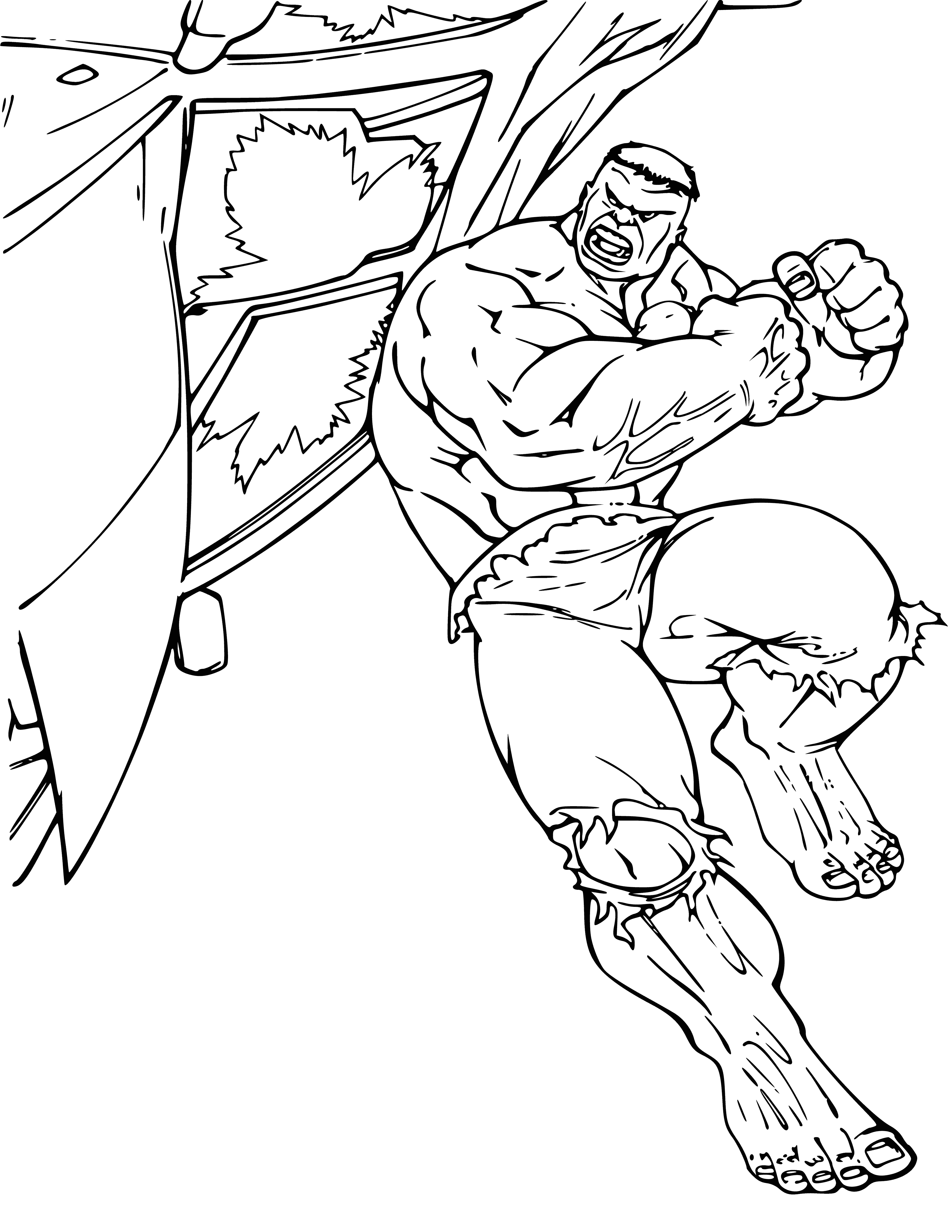 coloring page: Green-skinned, muscular, shirtless man with ripped pants, glowing eyes, protruding forehead, short black hair & pointy ears yells loudly.
