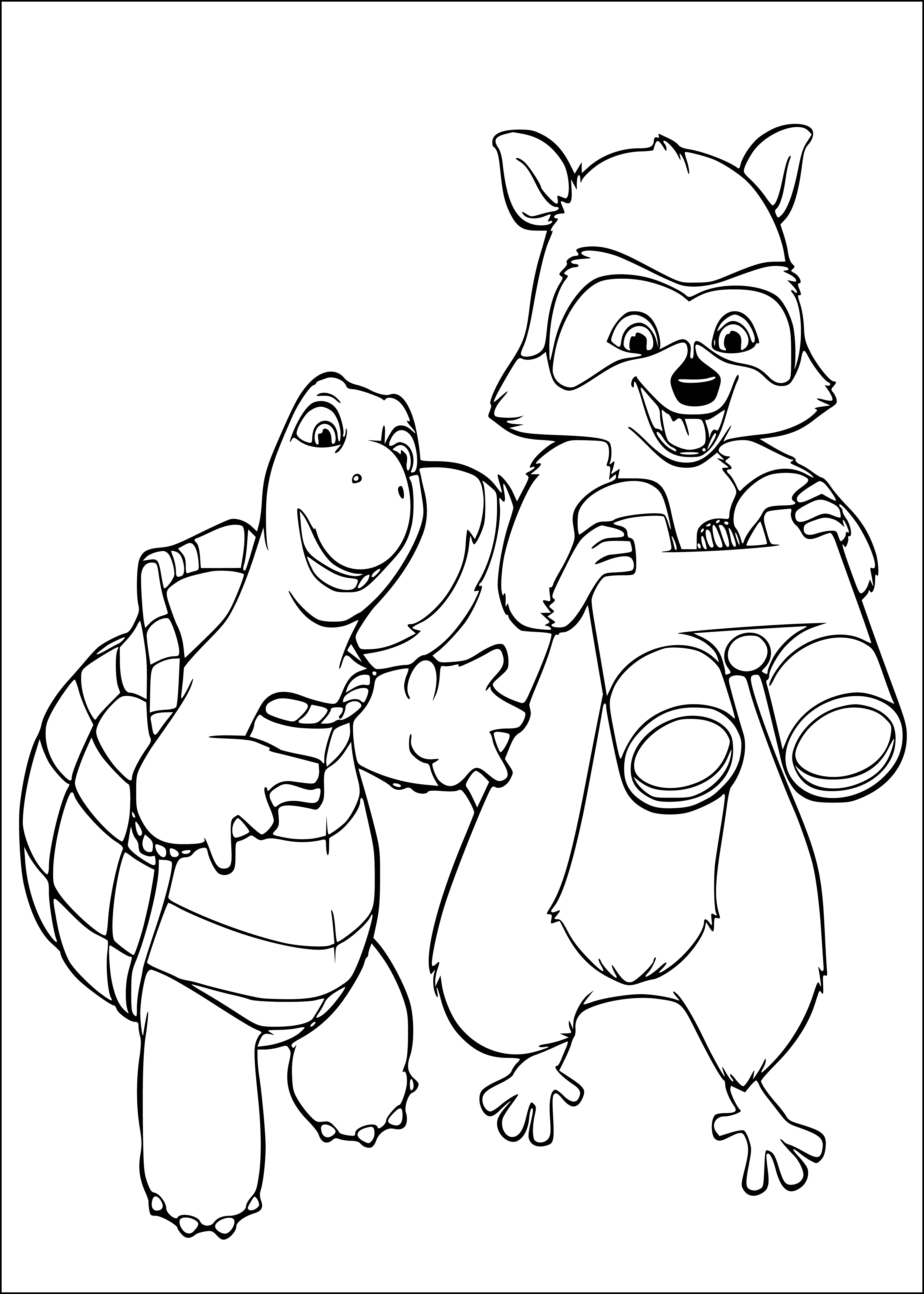 coloring page: A turtle and raccoon look at something together; turtle's shell is green, raccoon's body is brown, bushy tail in tow!