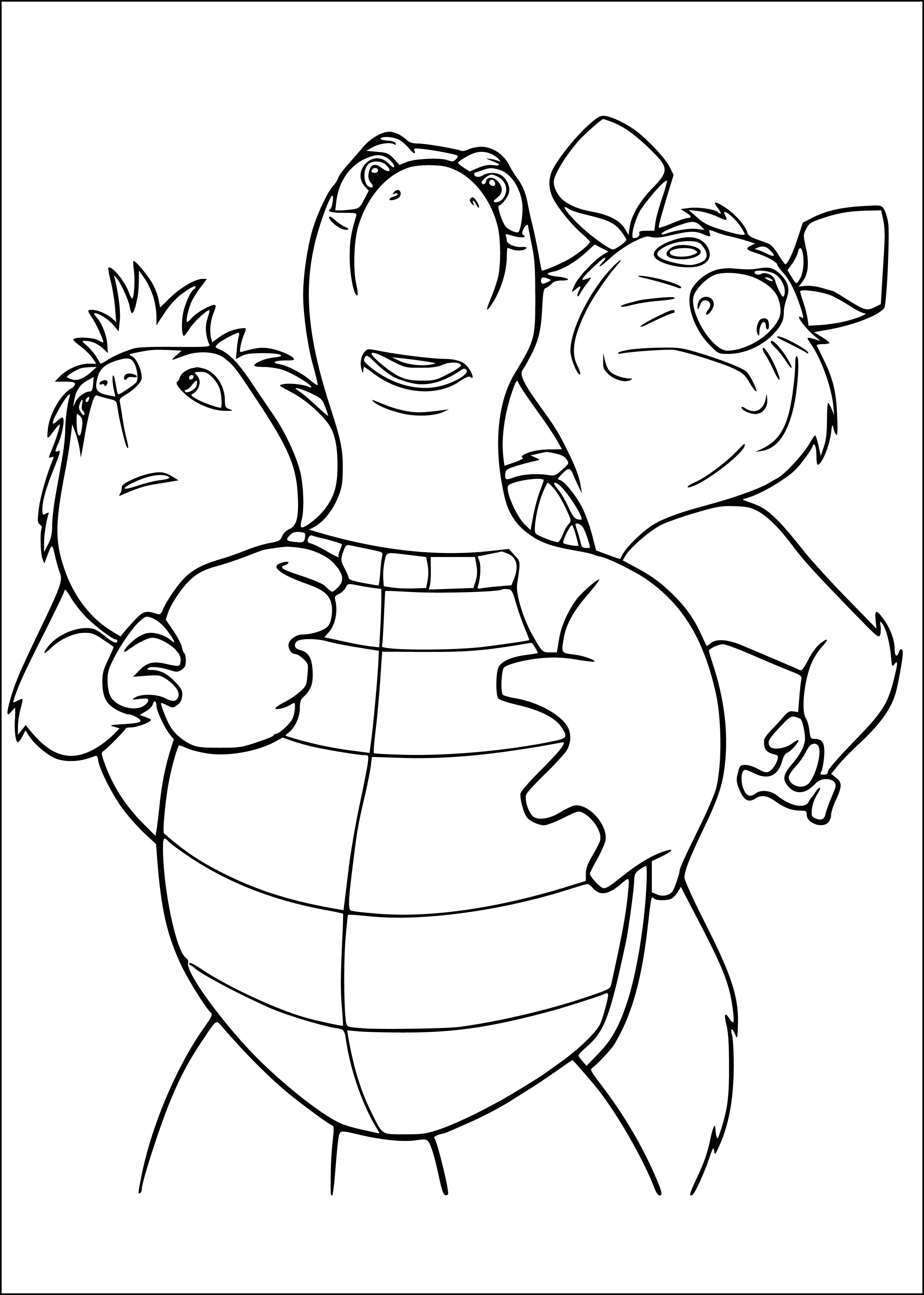 coloring page: 3 turtles & an opposum on a log - the turtles different sizes & the opposum looks up to them.