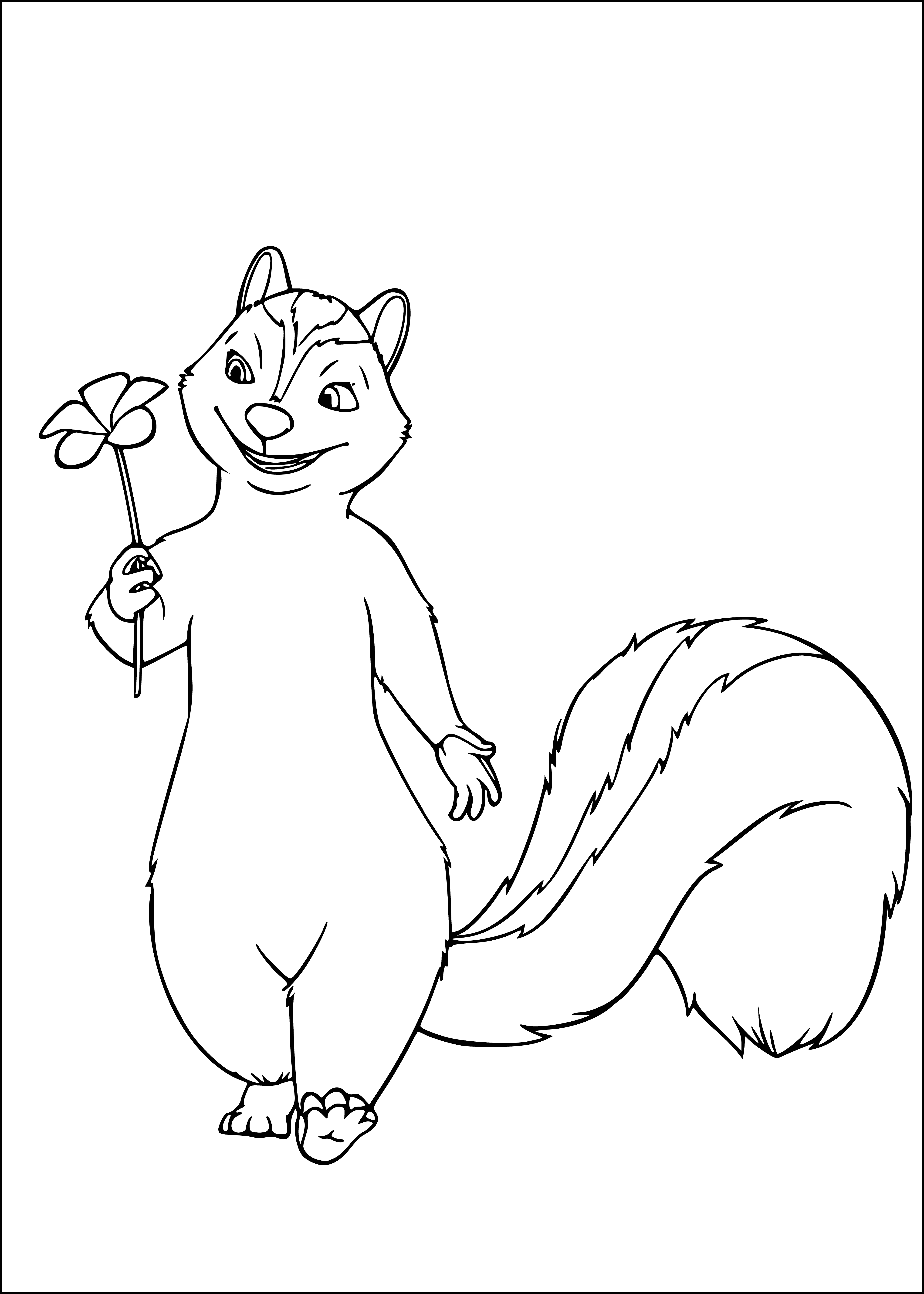 coloring page: Skunks are black and white, striped mammals with white stripe down their backs, black stripes, black face and legs, and small, black eyes.
