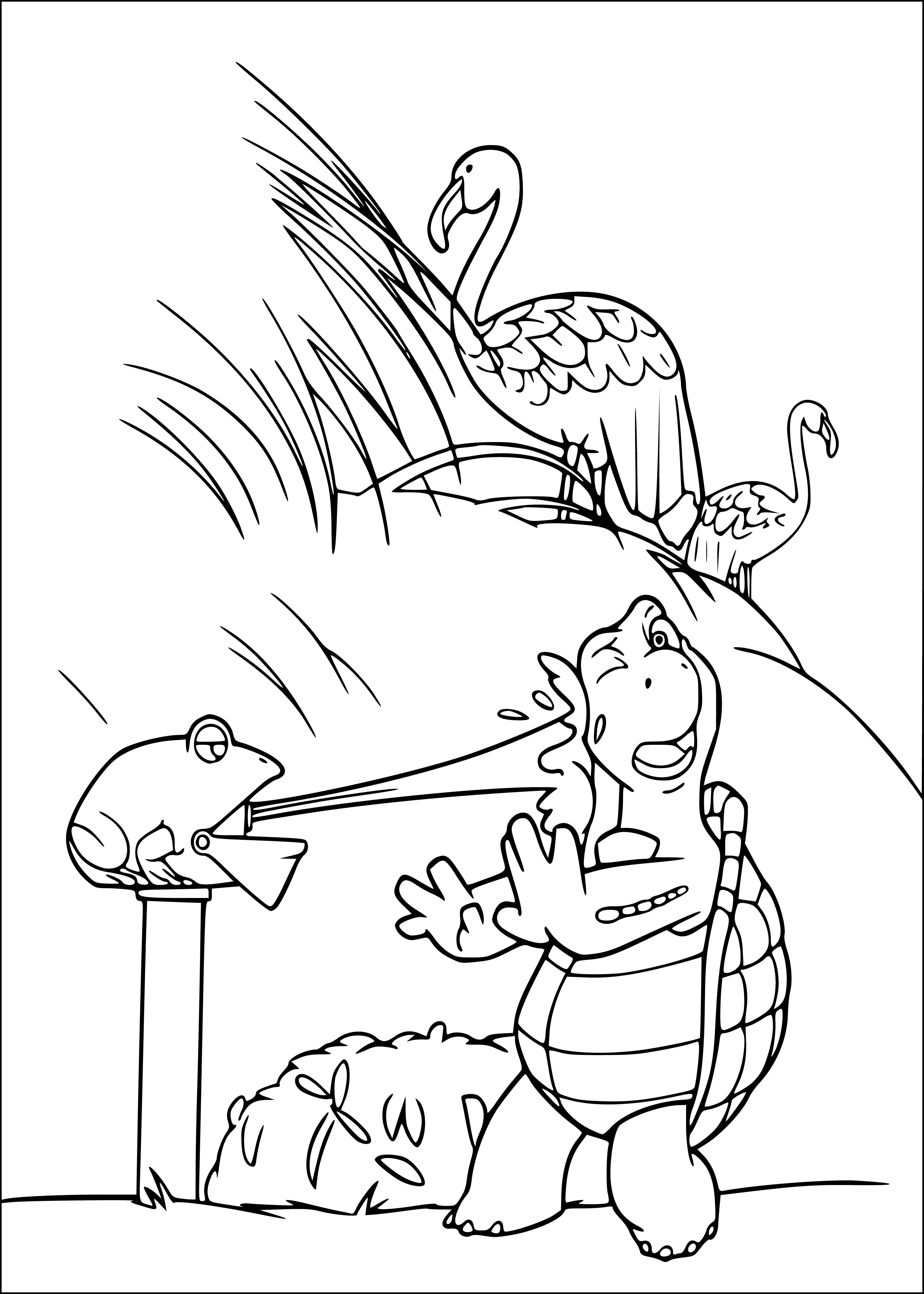 coloring page: Turtle on back with light brown shell and cream stomach, mouth open, eyes closed. Facing left of page.