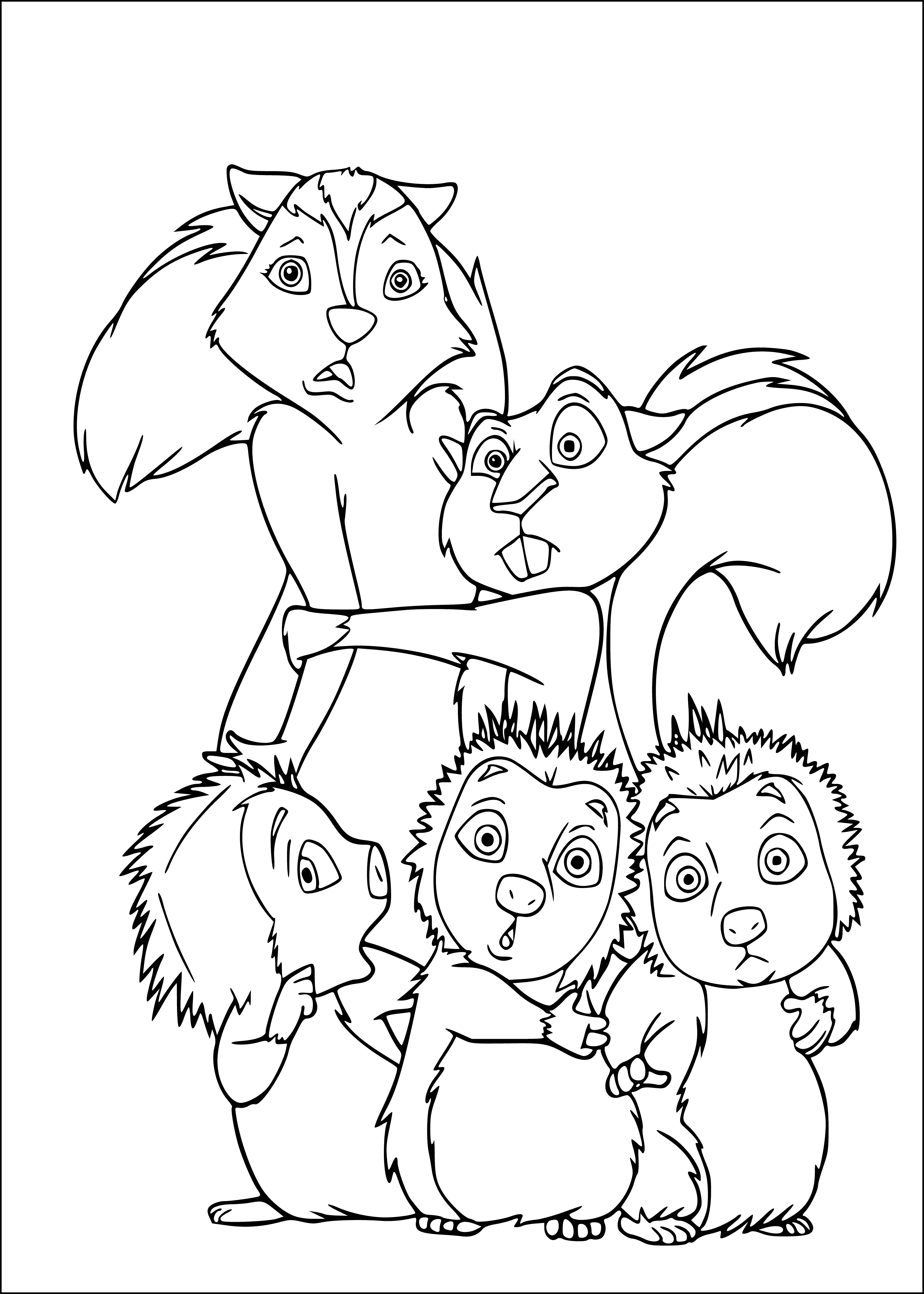 coloring page: Beautiful coloring page of a skunk, squirrel, & 3 porcupines in various poses, with tails & quills in the air.