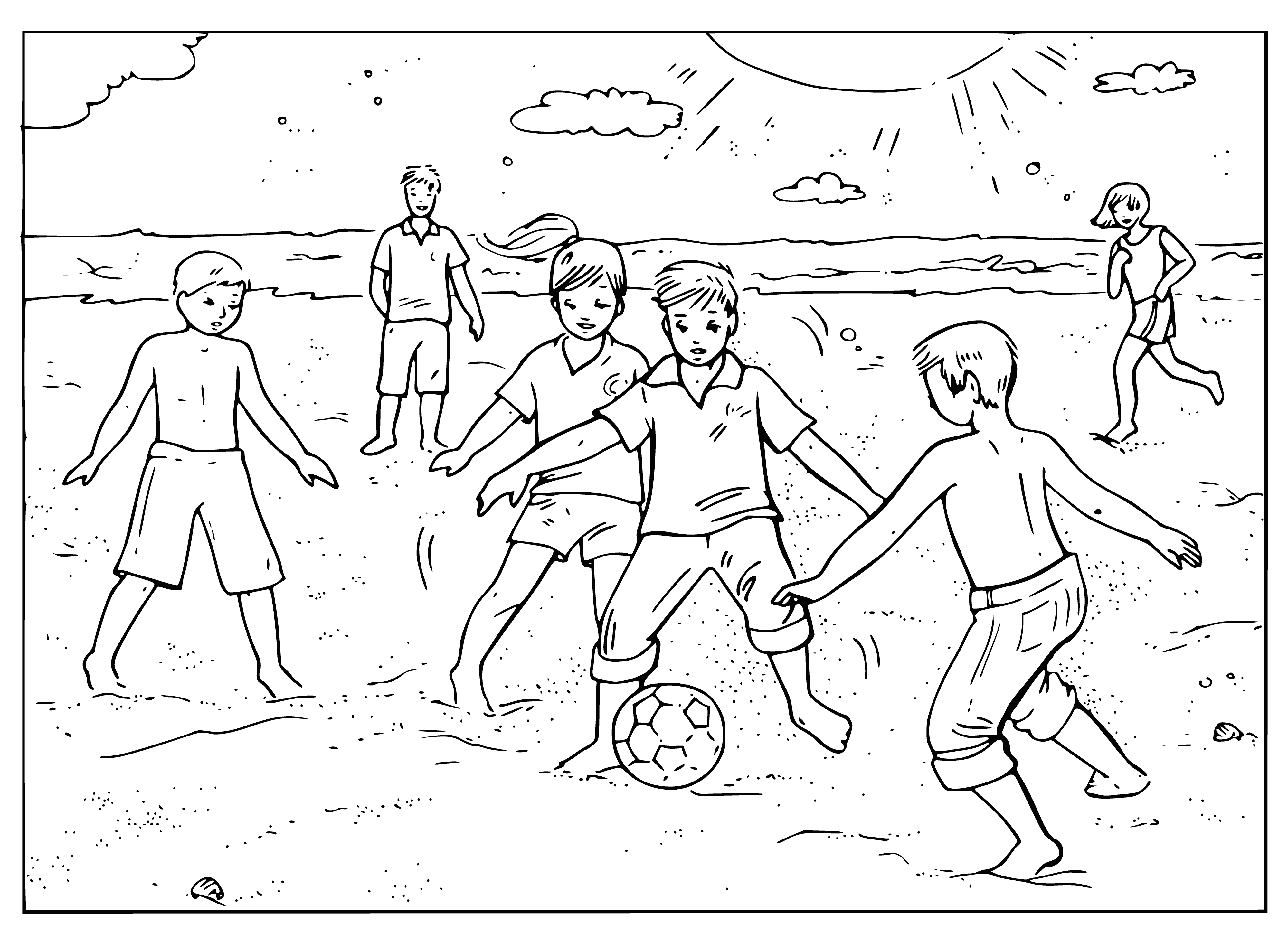 coloring page: Two people playing beach soccer with a soccer ball in the foreground against a beautiful orange and yellow sunset.