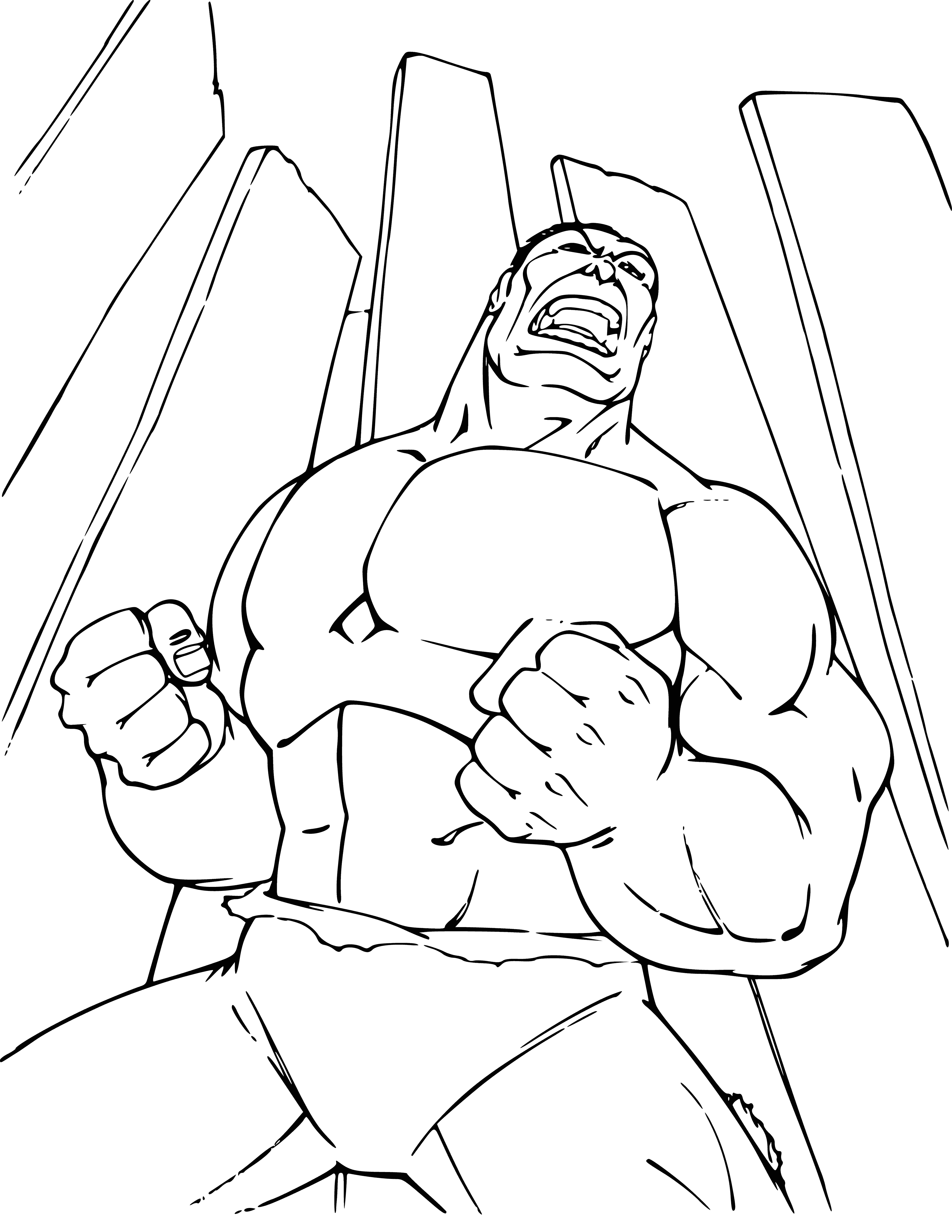 coloring page: The Hulk is a powerful green-skinned being with superhuman strength & can lift & throw things as large as cars & buses.